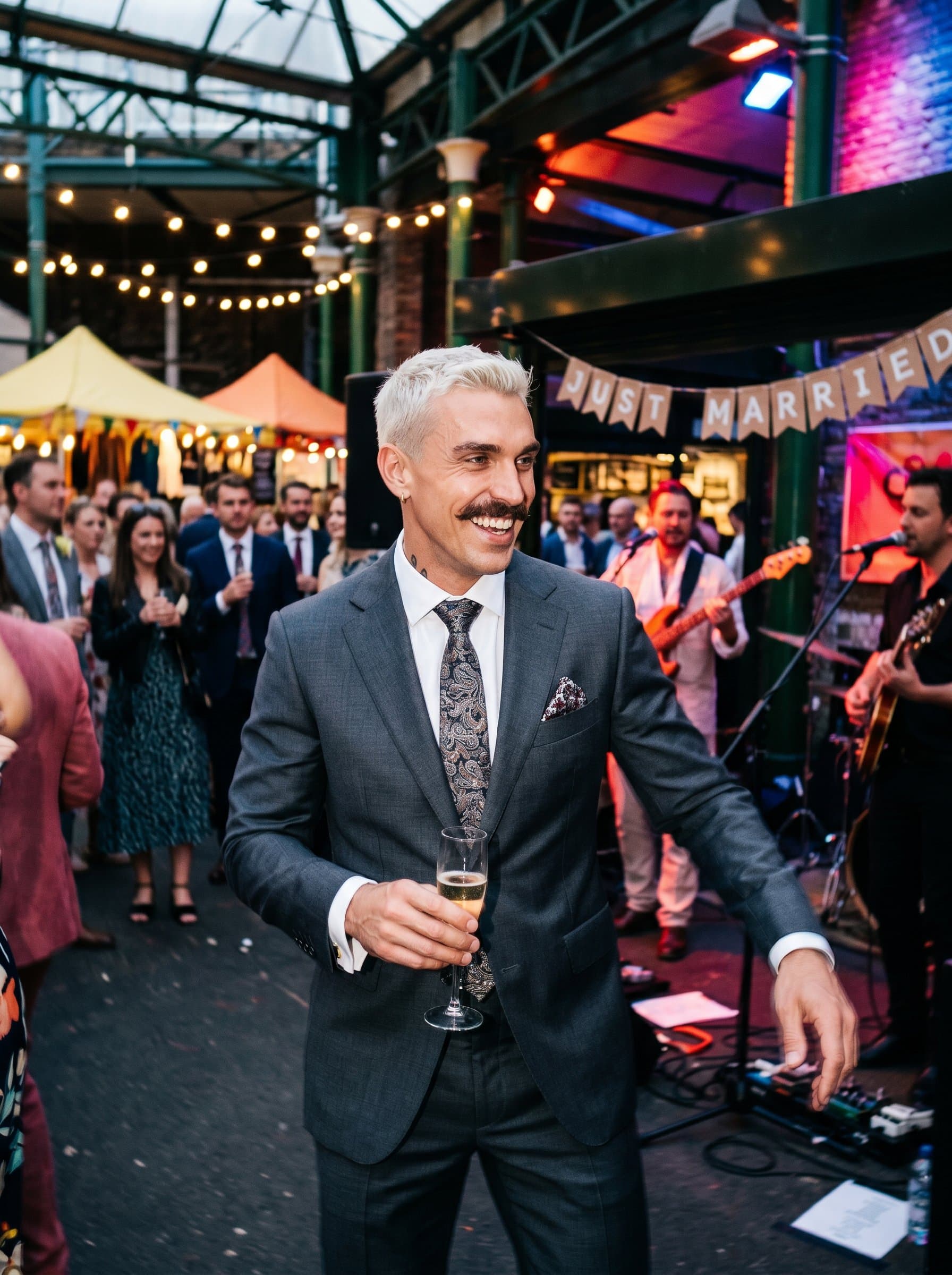 in a bustling market square, capturing the vibrancy of an urban wedding. The lighting is dynamic, emphasizing a sense of movement and life, with a candid expression that showcases adaptability and energy.