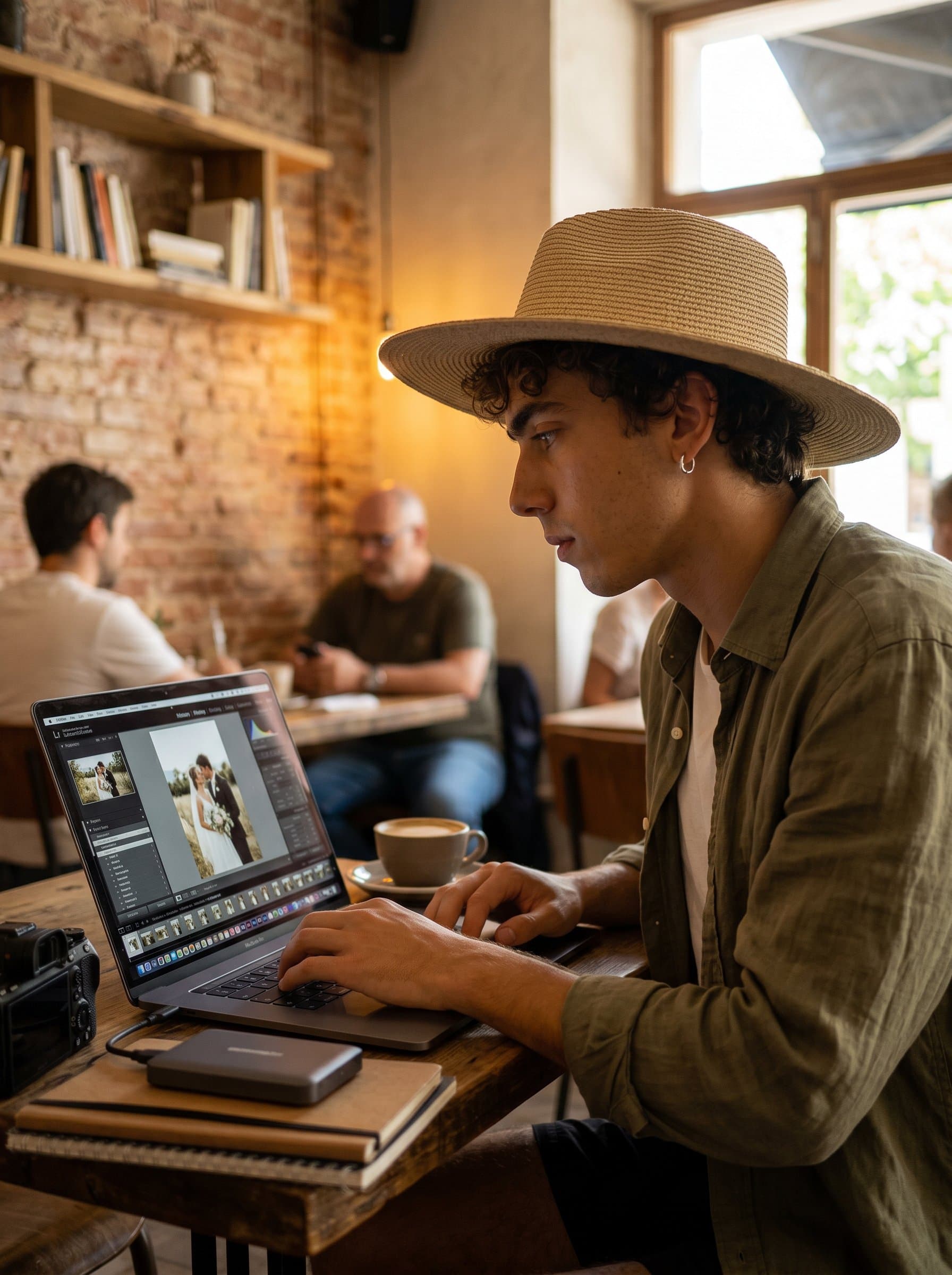 In a rustic cafe, works on a laptop, symbolizing the modern wedding photographer's lifestyle. The ambient lighting is soft and atmospheric, creating a cozy and intellectual vibe.