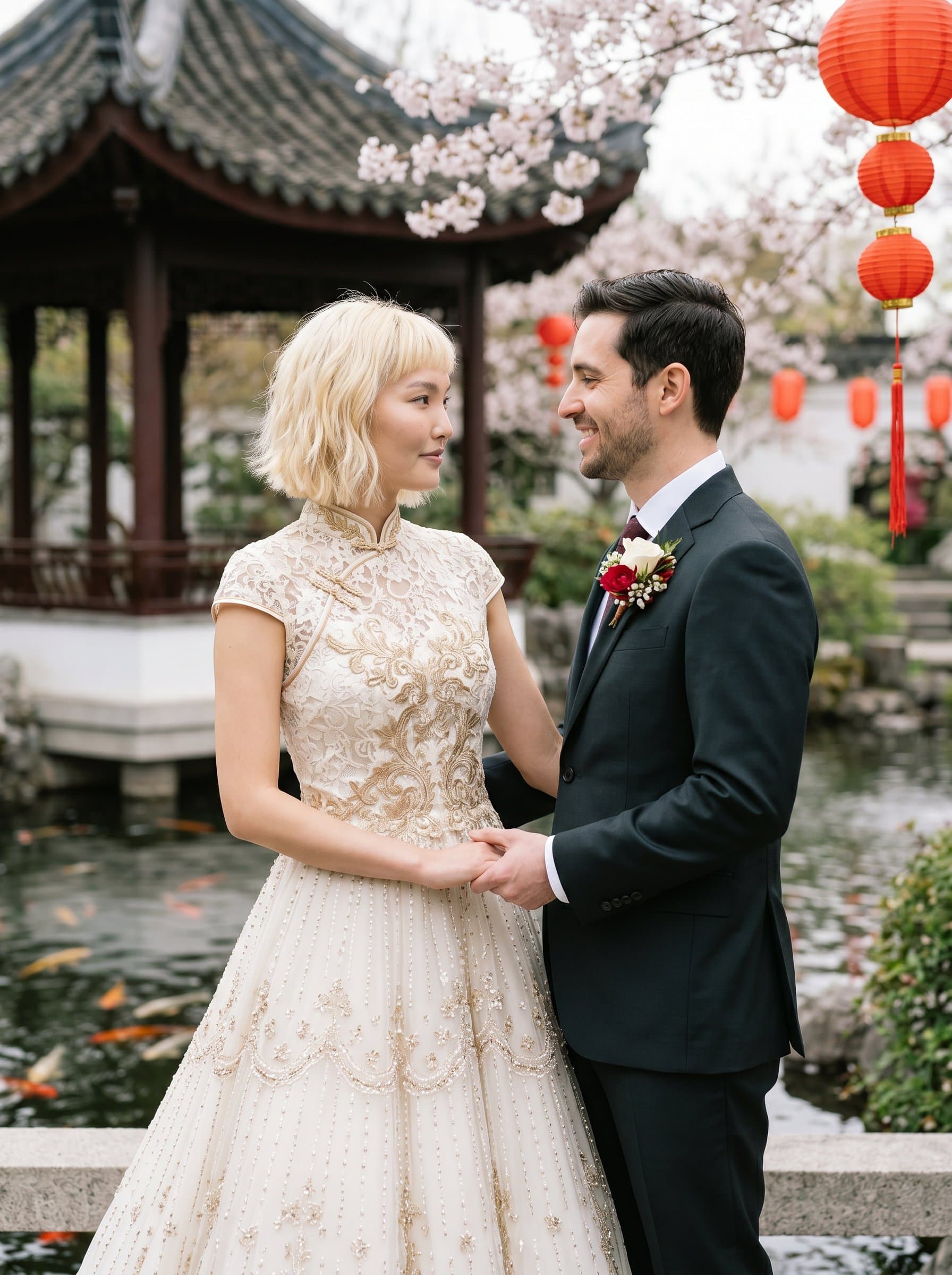 in an Asian-inspired garden, symbolizing an elegant multicultural wedding theme. Soft, natural lighting emphasizes a peaceful and harmonious ambiance, with a pose that expresses open-hearted collaboration.