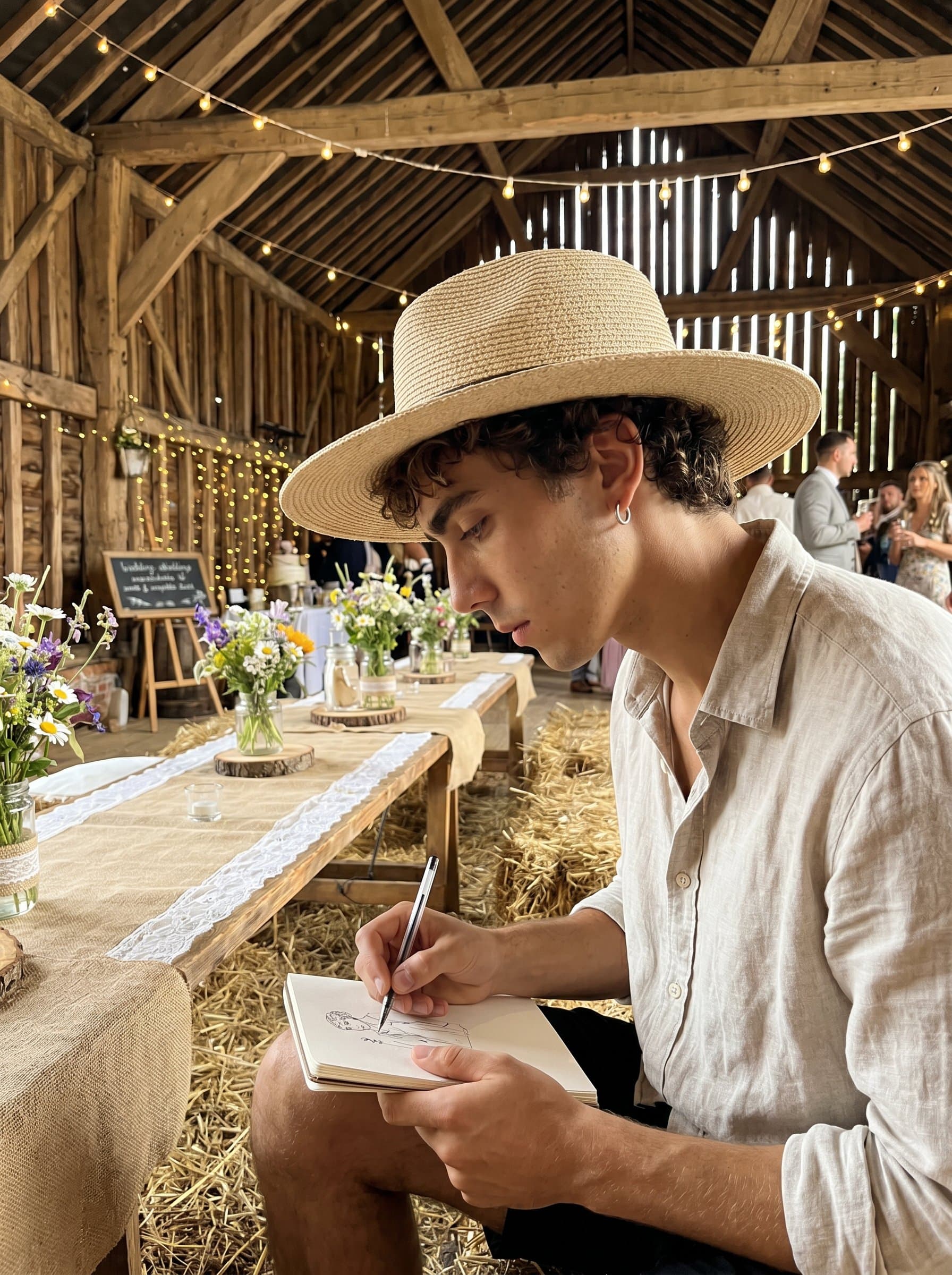 in a rustic barn setting, embodying a country wedding theme. The use of natural light and earthy tones creates a warm, inviting mood. The pose is candid, capturing a moment of creative inspiration.