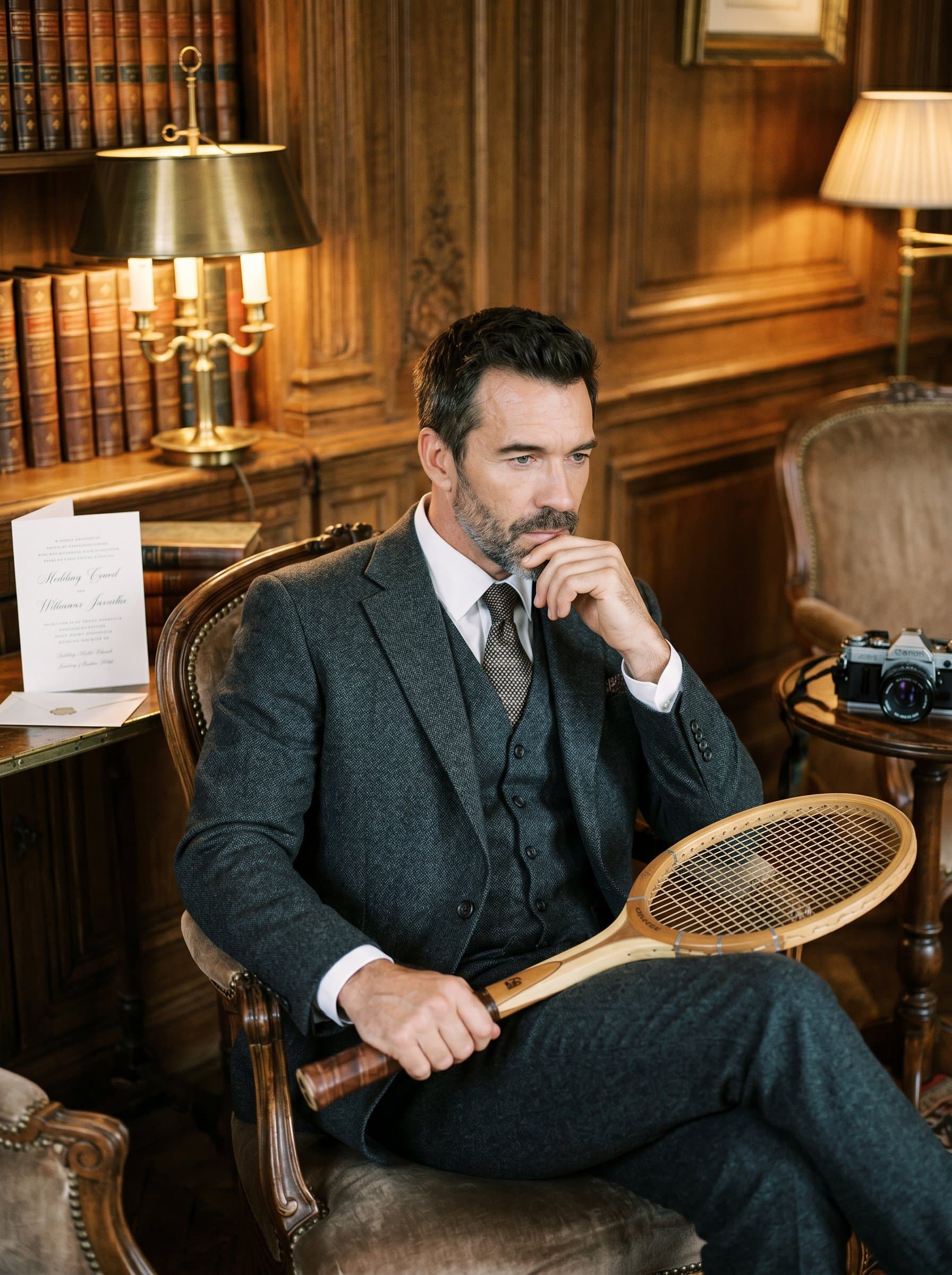 in a vintage-themed setting, surrounded by antique decor. The lighting is warm and nostalgic, creating a timeless feel. The expression is thoughtful, reminiscent of capturing cherished moments on a wedding day.