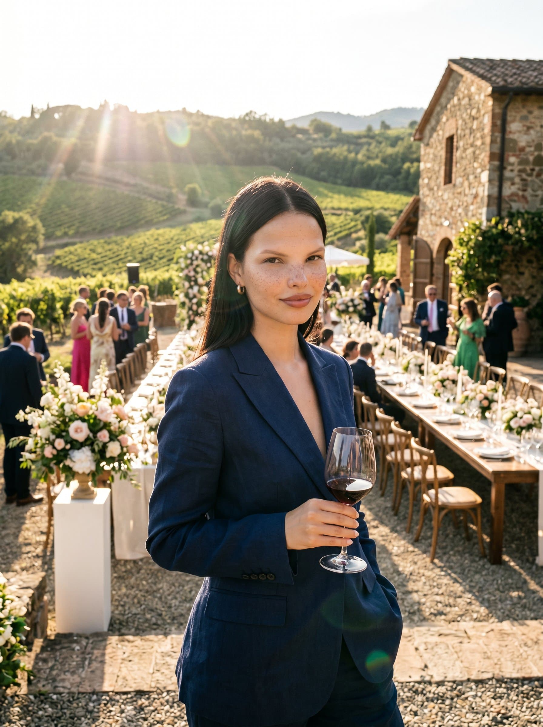 in a sun-drenched vineyard, epitomizing a luxurious winery wedding setting. The natural lighting captures the essence of the location, with a stylish and confident pose that speaks to elegance and refinement.