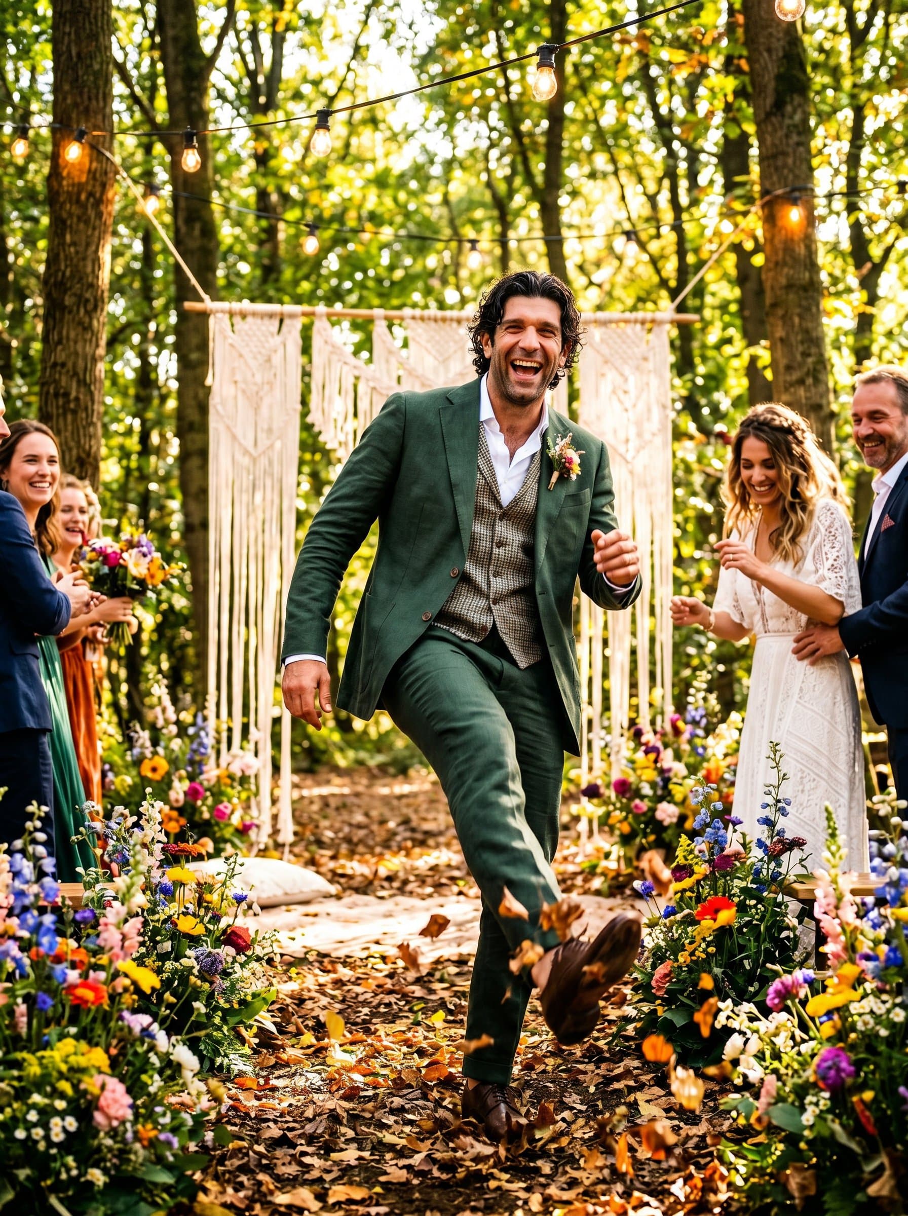 poses playfully in a whimsical outdoor location, reflecting a bohemian wedding style. The vibrant colors and natural light create a lively and enchanting atmosphere, ideal for a creative wedding photographer.