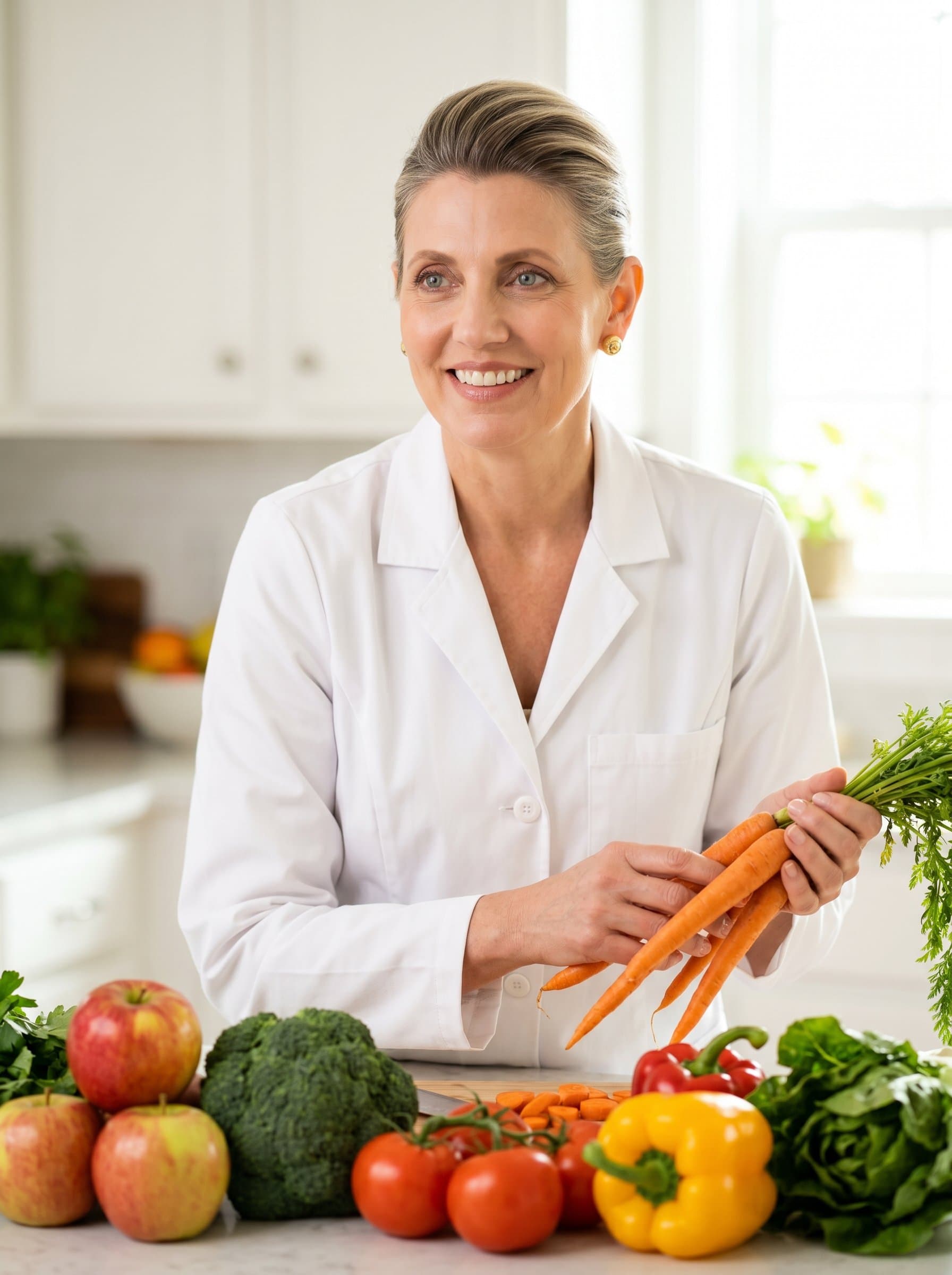 standing in a bright kitchen with fresh fruits and vegetables, wearing a white lab coat, soft natural lighting highlighting their friendly expression, conveying expertise and approachability.