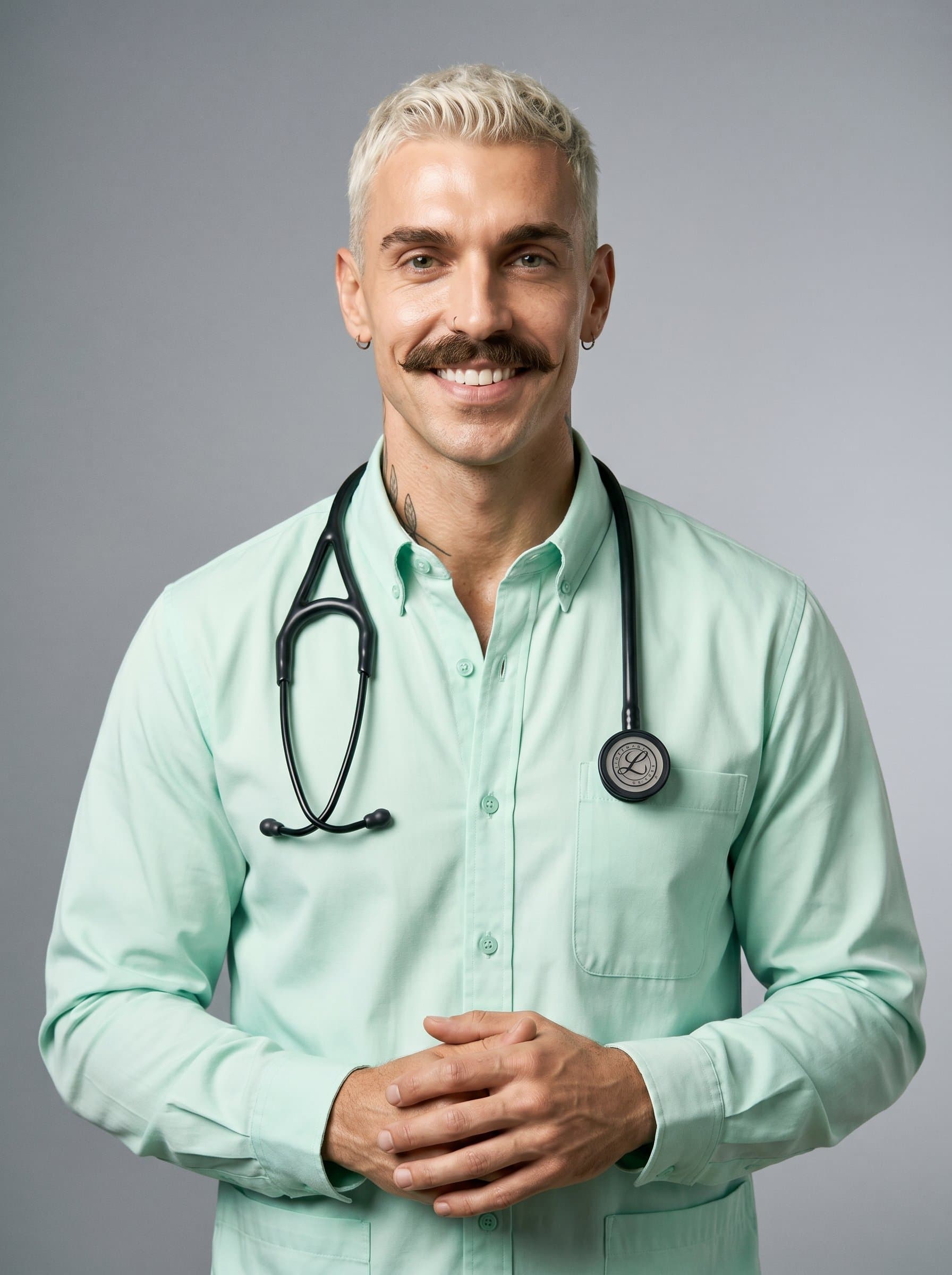 posed against a neutral gray background, wearing a pastel-colored shirt with a stethoscope, soft diffused lighting, exuding a sense of professionalism and warmth.