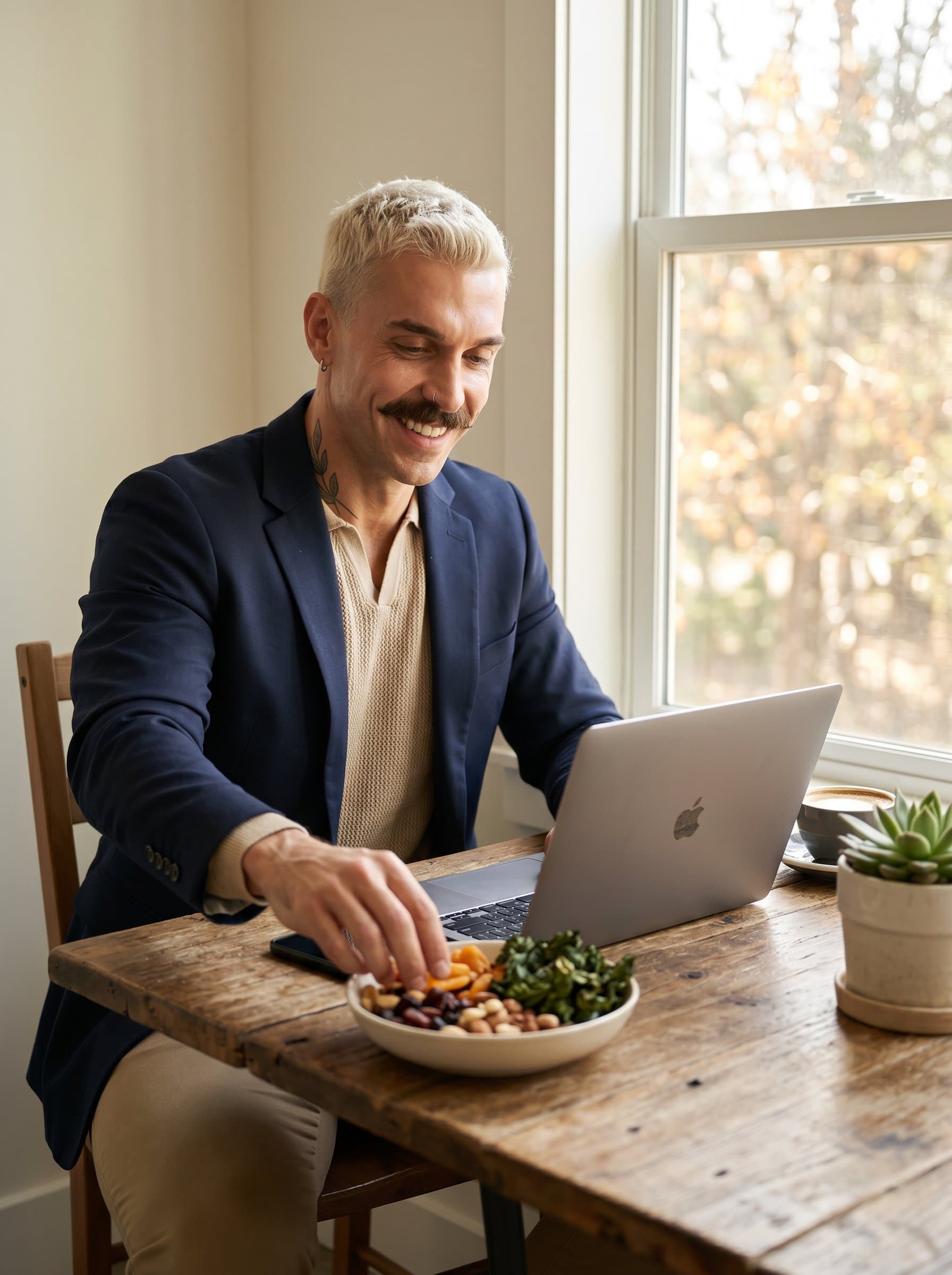 sitting at a wooden desk with a laptop and plant-based snacks, wearing casual smart attire, natural light from a window providing a welcoming atmosphere.