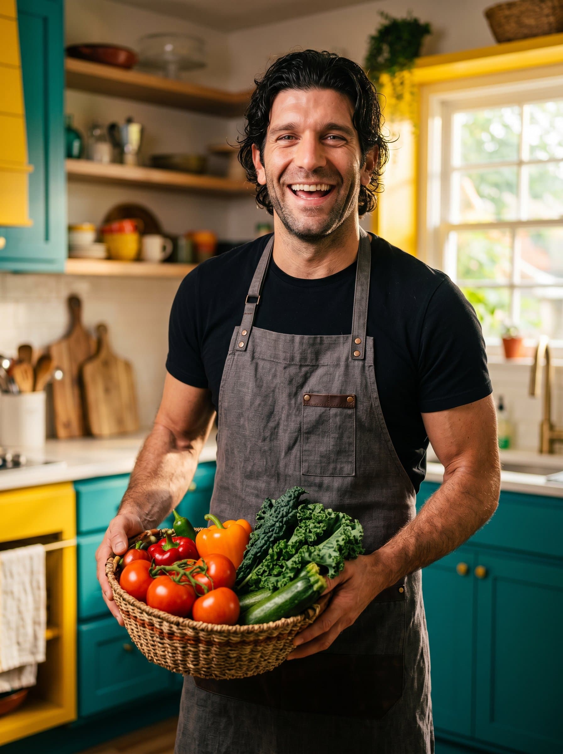 in a colorful kitchen setting, holding a basket of fresh produce, dressed in a chic apron, vibrant lighting capturing their lively and engaged personality.