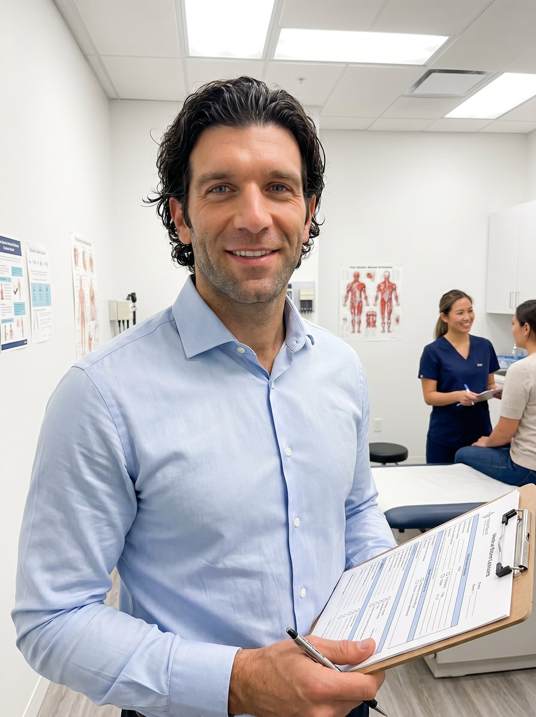 in a bright clinic room, holding a clipboard, dressed in a formal shirt, overhead fluorescent lighting giving a clinical yet friendly impression.