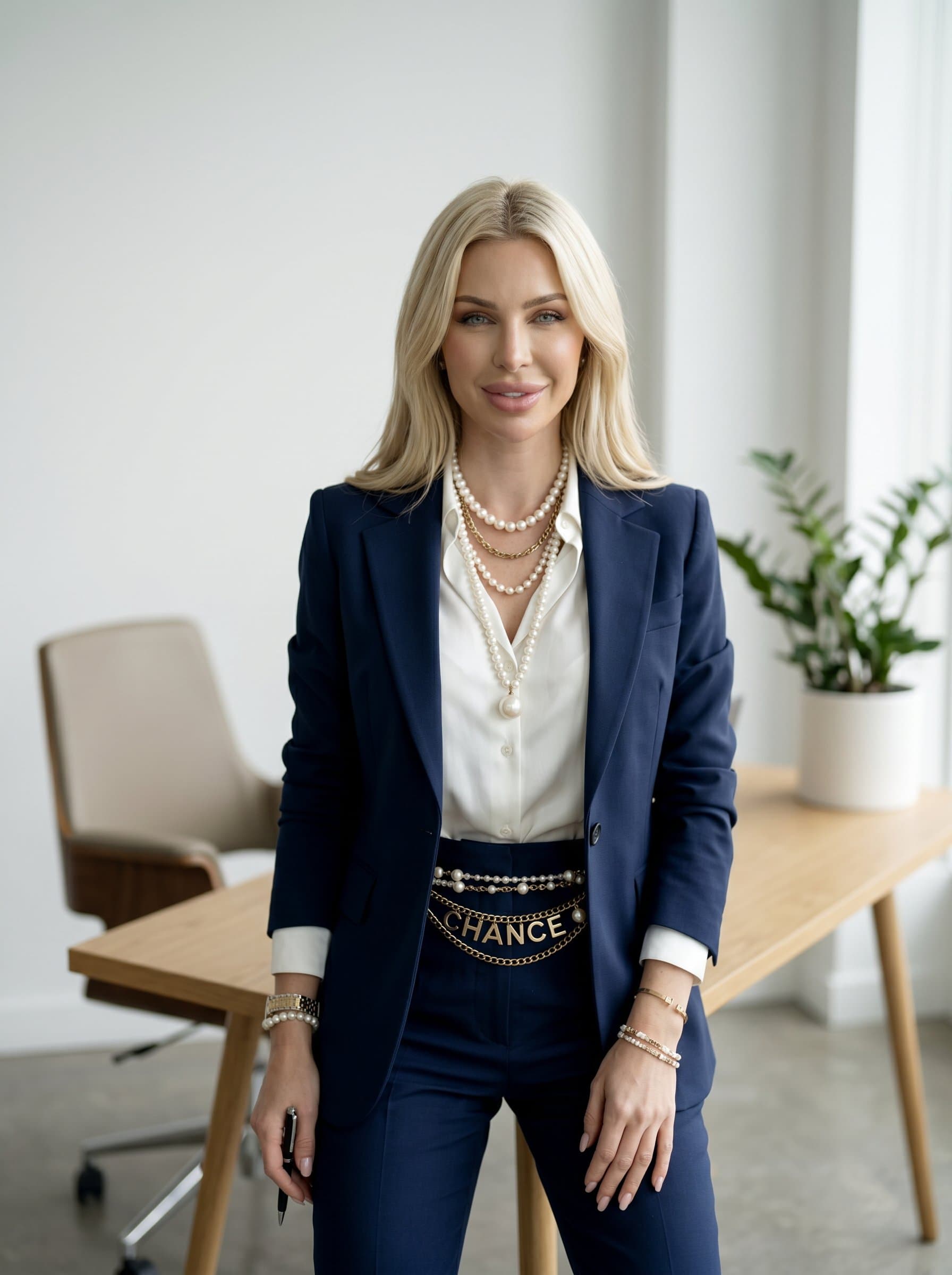 in a minimalist office space, wearing a tailored suit, with a subtle smile, indirect lighting creating a professional yet approachable look.