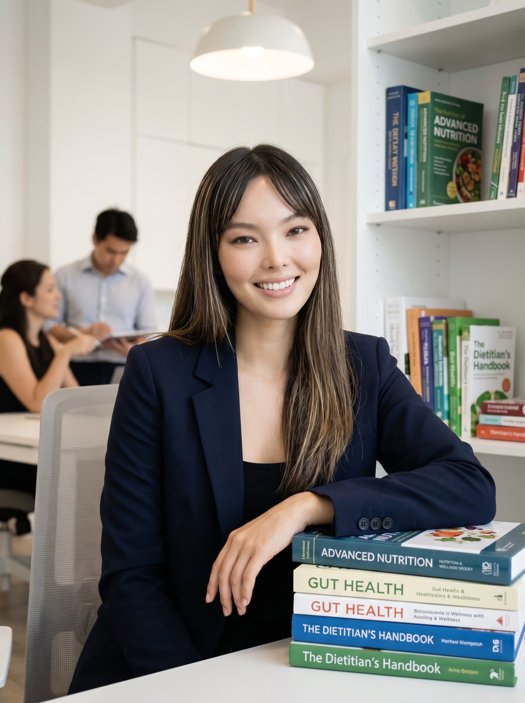 in a modern office setting surrounded by nutrition books, wearing a sleek blazer, gentle overhead lighting highlighting their confident smile, showcasing reliability and knowledge.