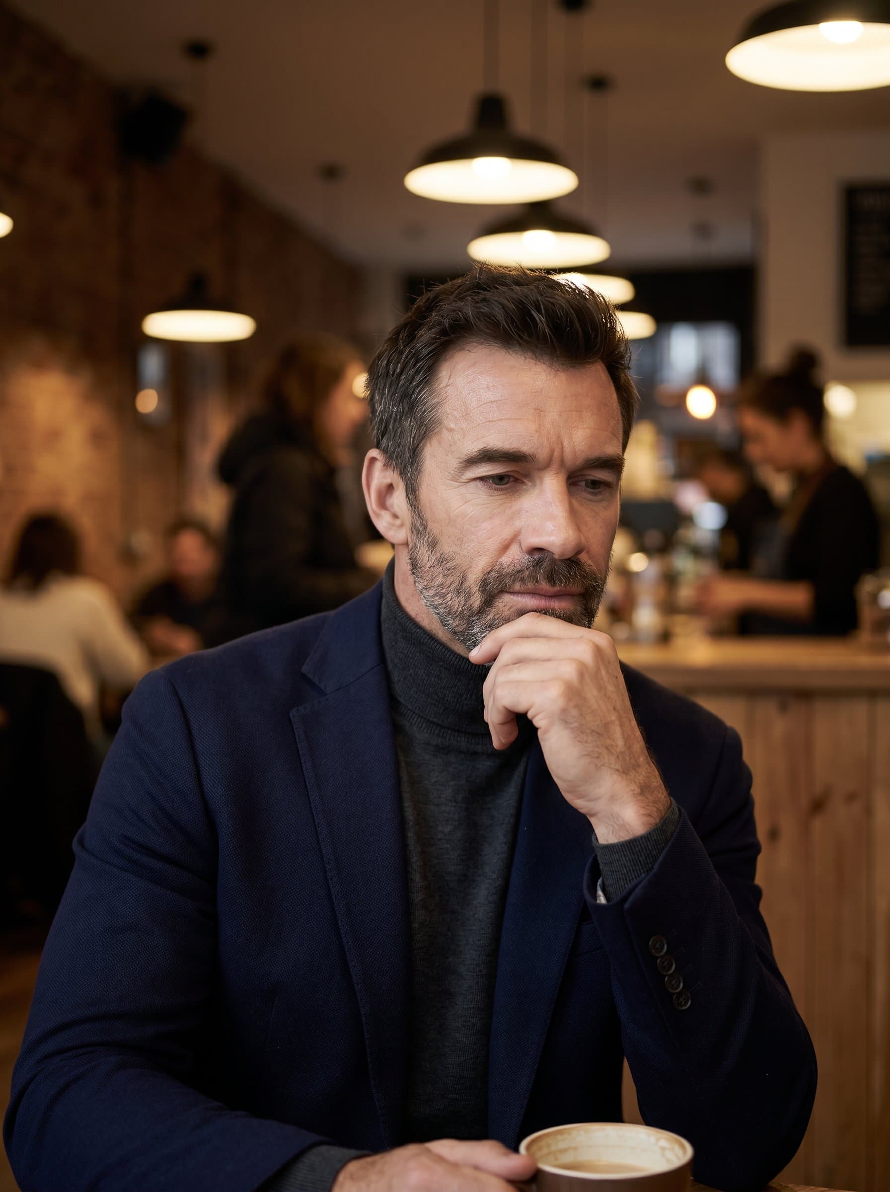 with a blurred background of a cafe, wearing a smart-casual blazer, light from pendant lamps softly illuminating their thoughtful expression.