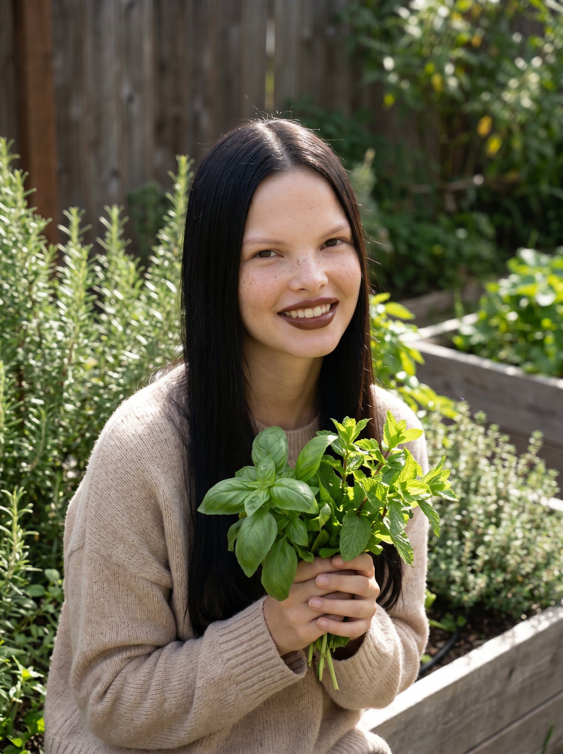outdoors in a garden full of fresh herbs, wearing a light sweater, sunlight softly illuminating their face, expressing a connection to natural and healthy living.