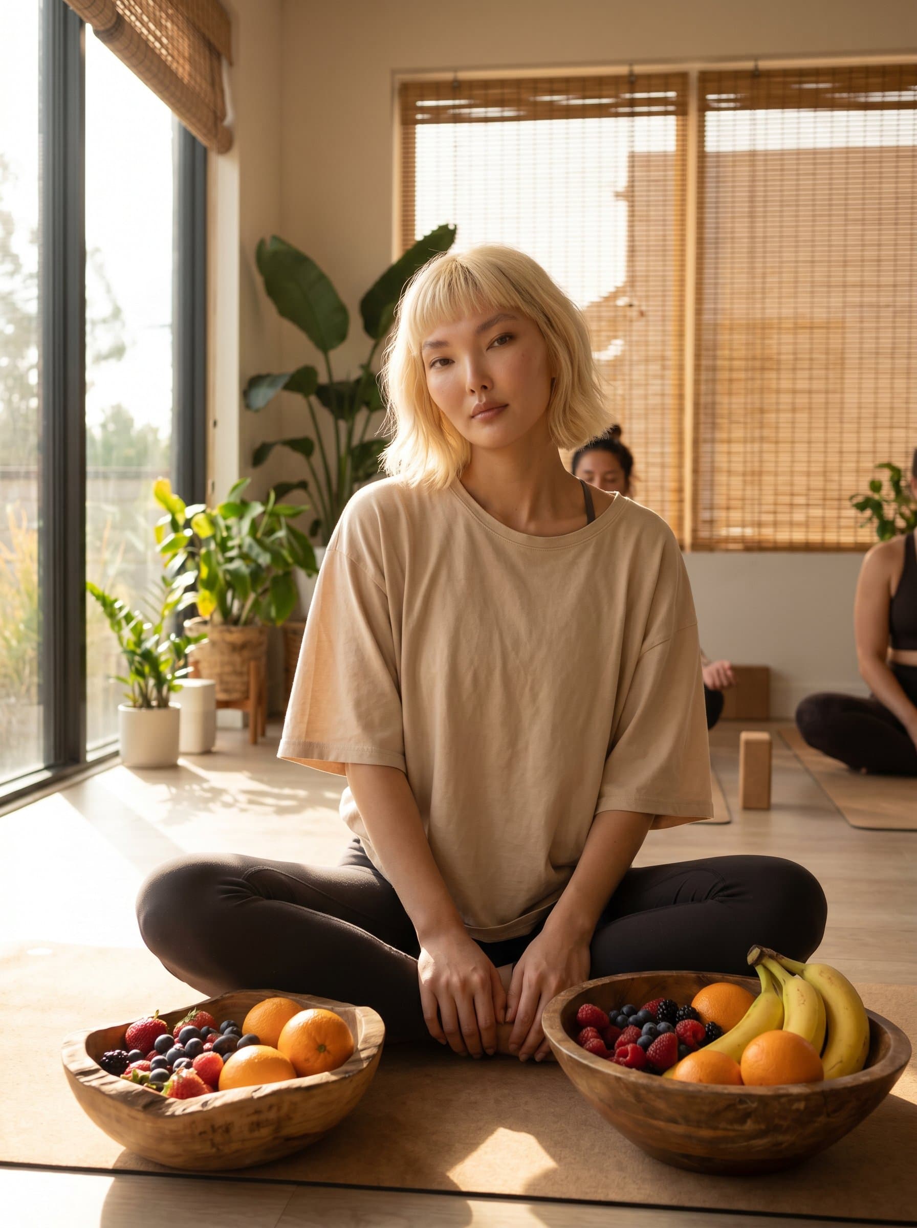 in a calm yoga studio setting, with a bowl of fresh fruit, wearing a relaxed fit top, natural morning light creating an aura of holistic wellness.