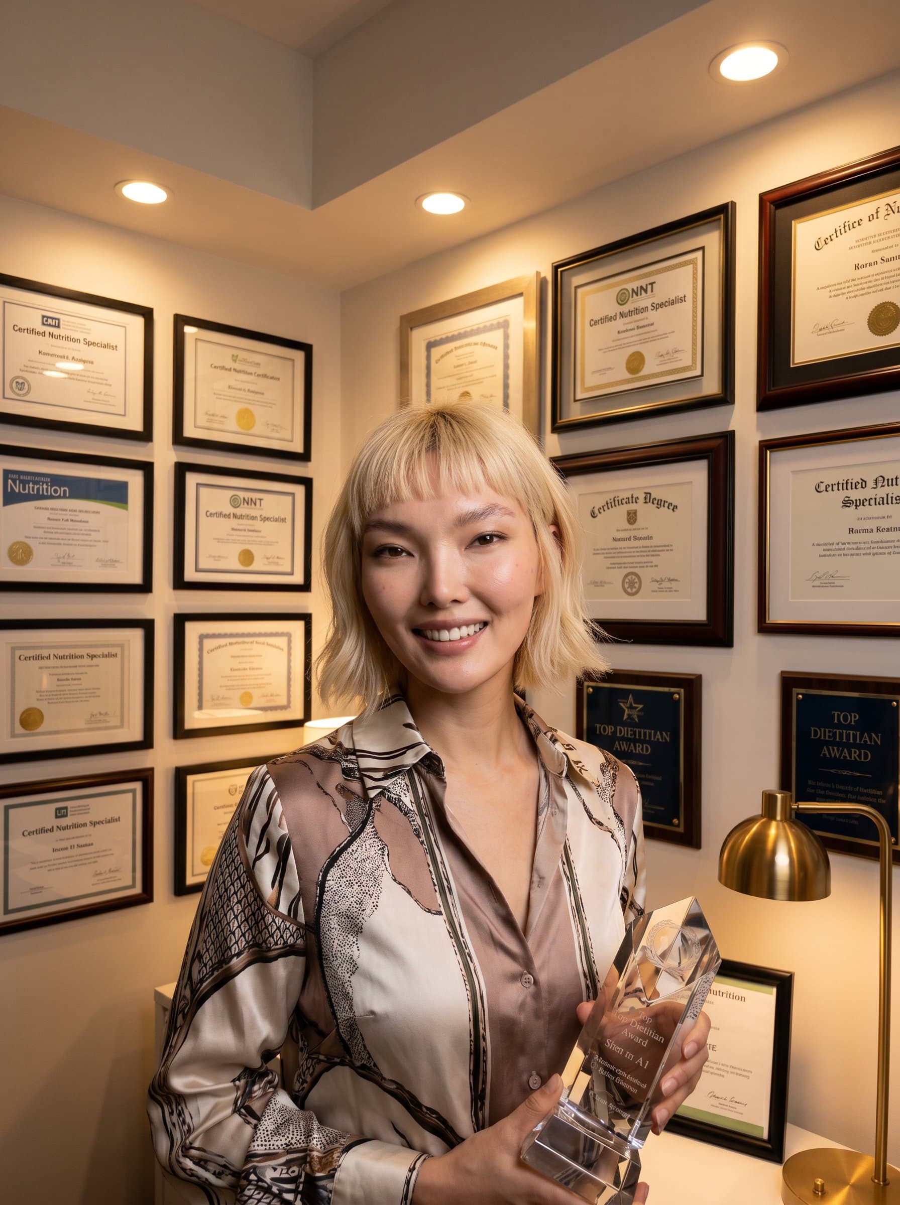 surrounded by nutrition awards and certificates on a wall, wearing a stylish shirt, warm ambient lighting highlighting their achievements and credibility.