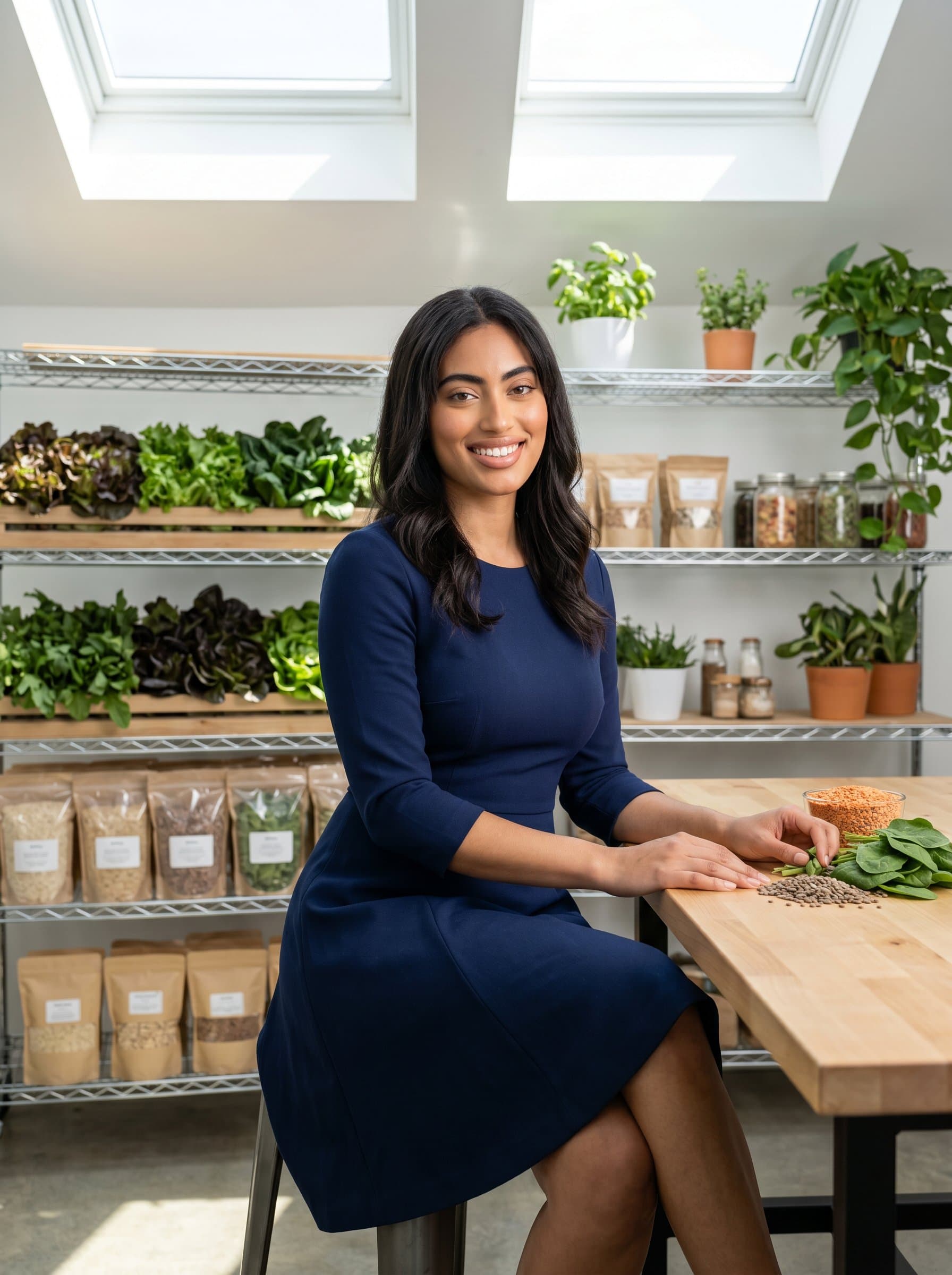 against a backdrop of leafy greens and grains, wearing a semi-formal dress, natural light from a skylight, presenting a balance of professionalism and approachability.
