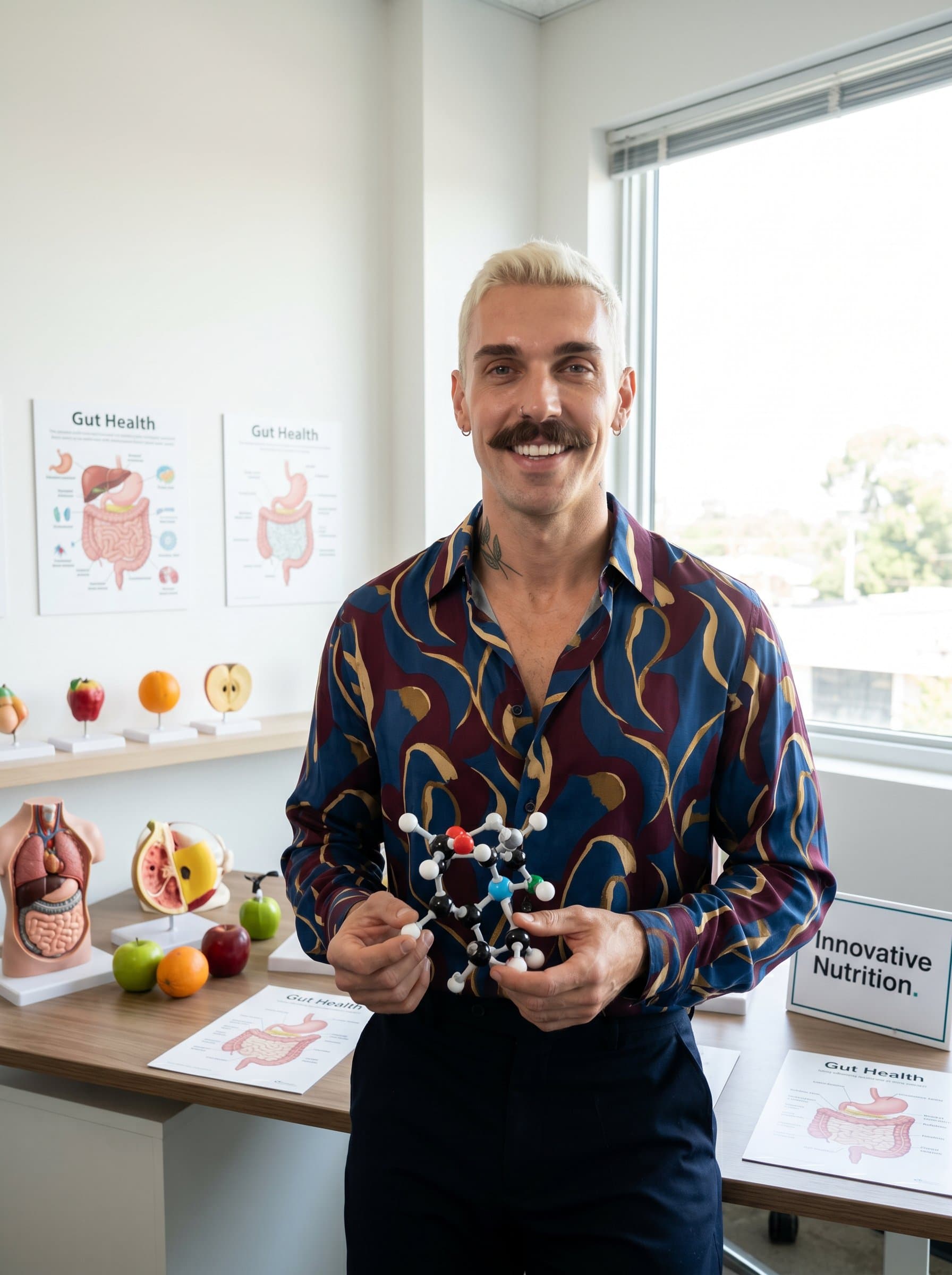 in a contemporary office with nutritional models, dressed in a patterned blouse, balanced lighting highlighting their innovative approach to modern nutrition.