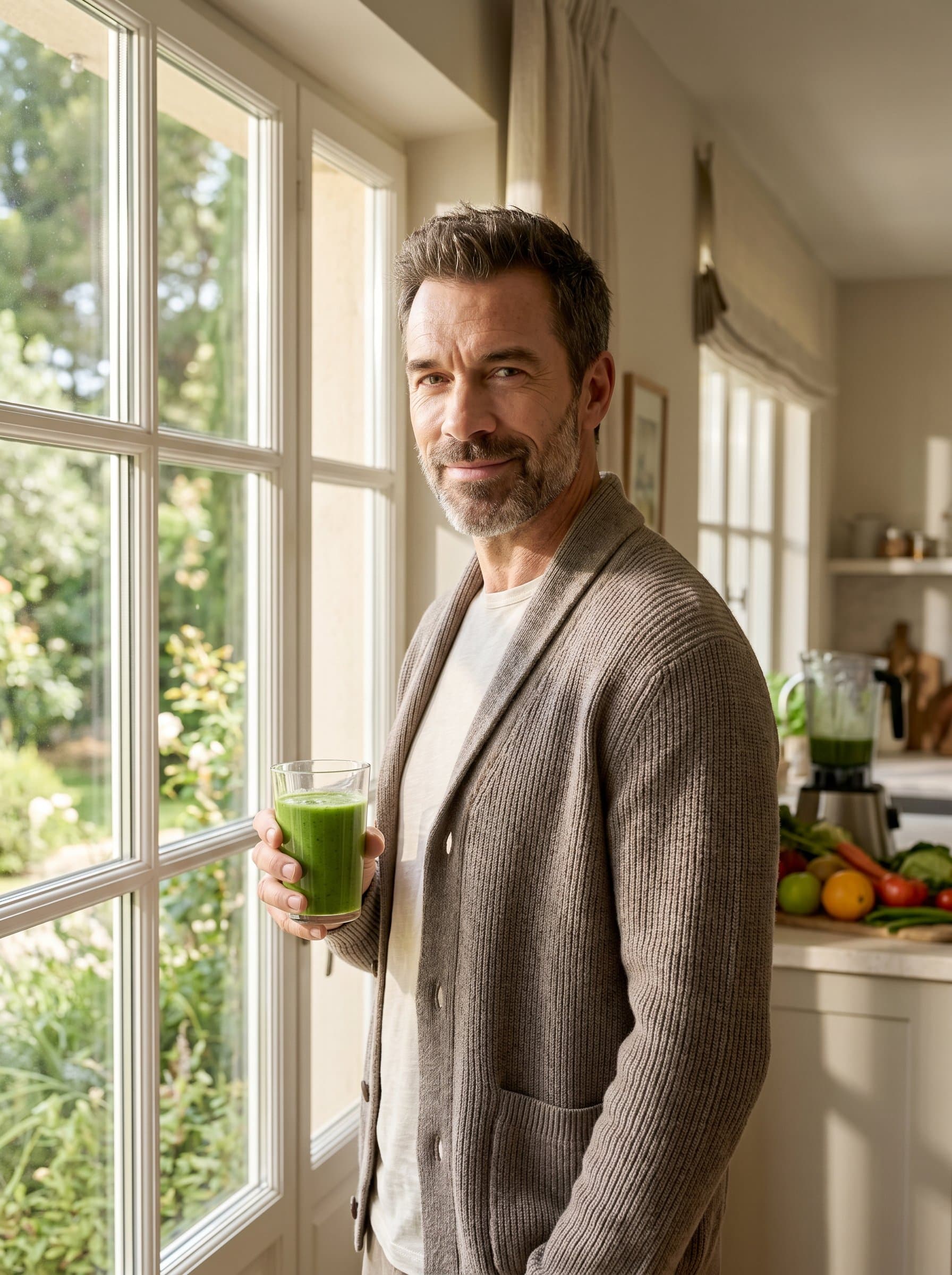 by a sunny window, holding a green smoothie, dressed in a comfortable cardigan, sunlight casting a natural glow, suggesting a focus on balanced nutrition.