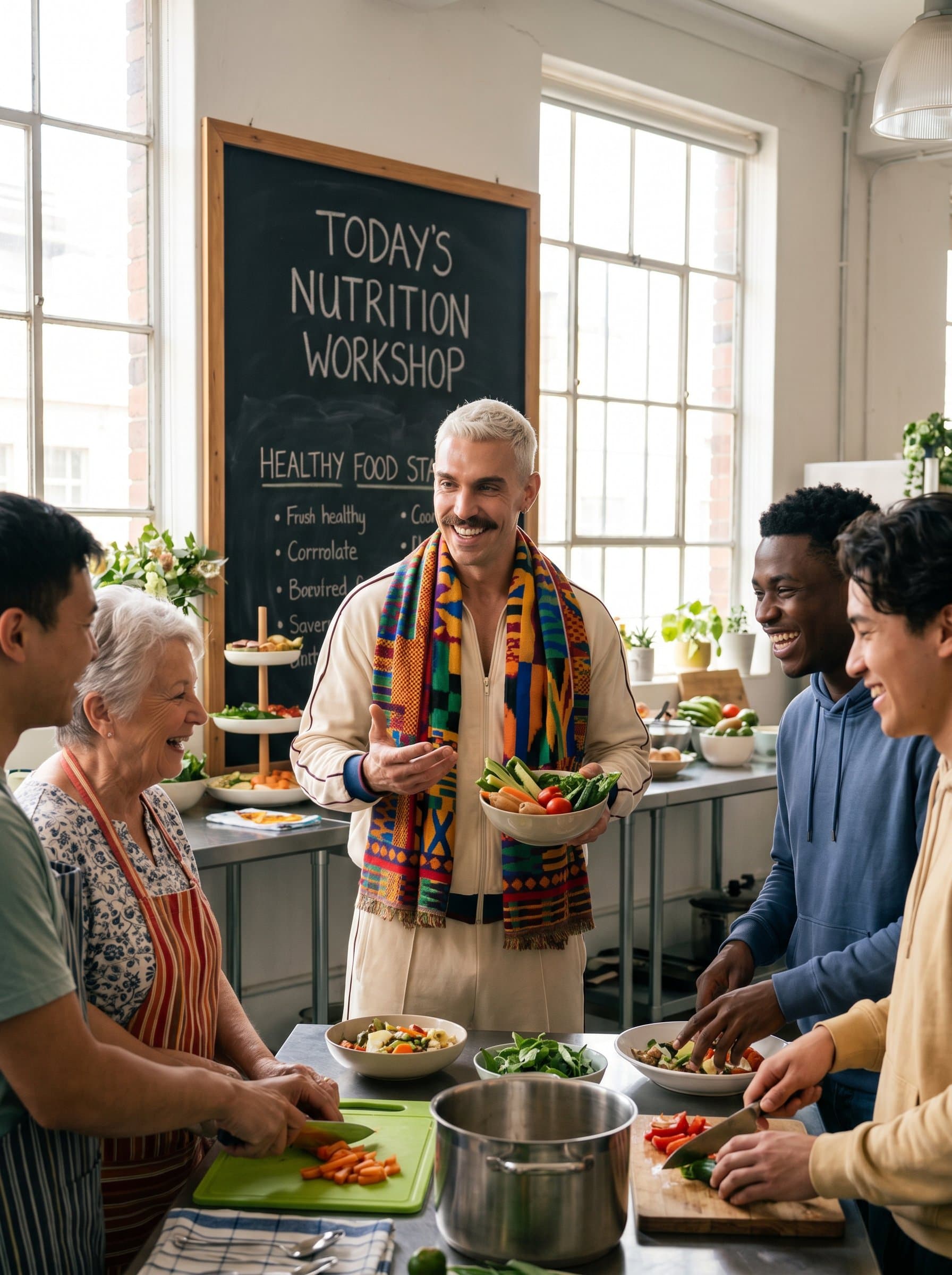 in a vibrant communal kitchen, wearing a colorful scarf, natural lighting through wide windows, illustrating their community-focused approach to nutrition.