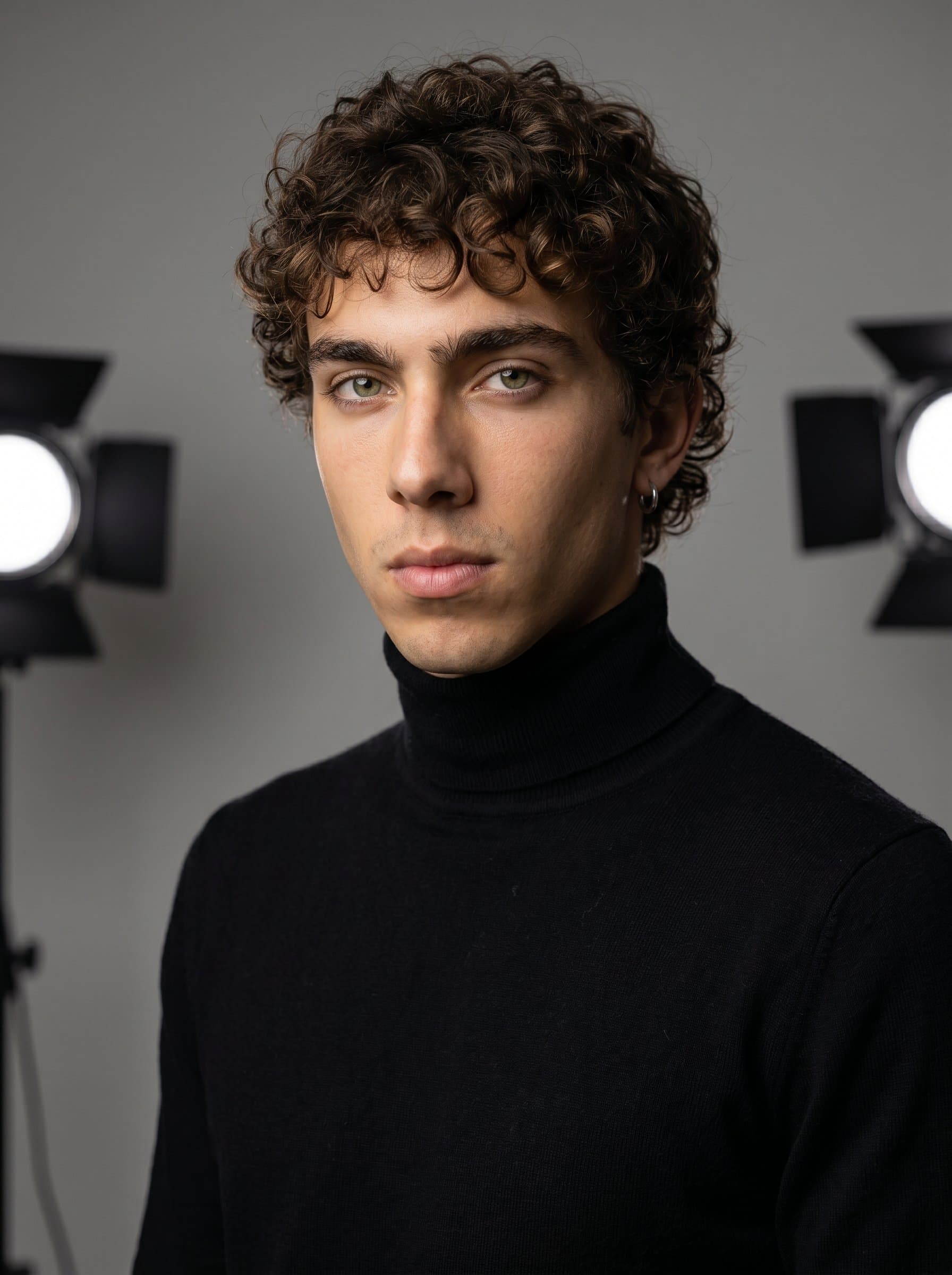 in a well-lit studio with neutral tones, wearing a classic black turtleneck, studio lighting focused on their face, showcasing a polished and professional image.