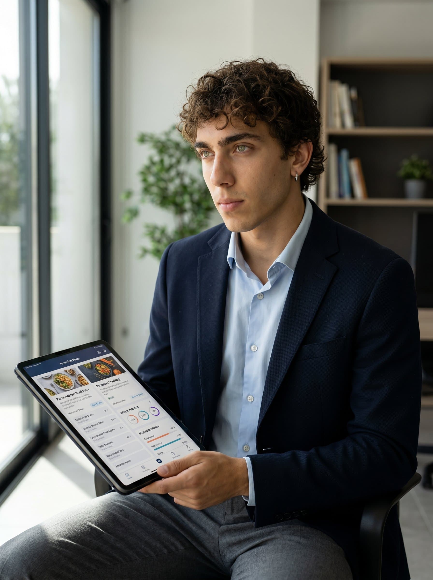 seated with a tablet displaying nutrition plans, dressed in business casual attire, side lighting adding depth, indicating a tech-savvy approach to nutrition advice.
