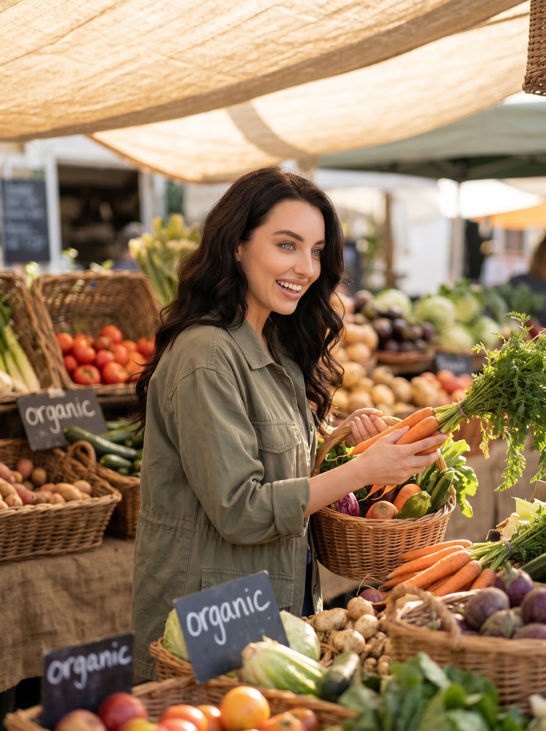 at a market stall filled with organic produce, wearing a casual jacket, soft lighting emphasizing their enthusiasm for fresh and organic foods.
