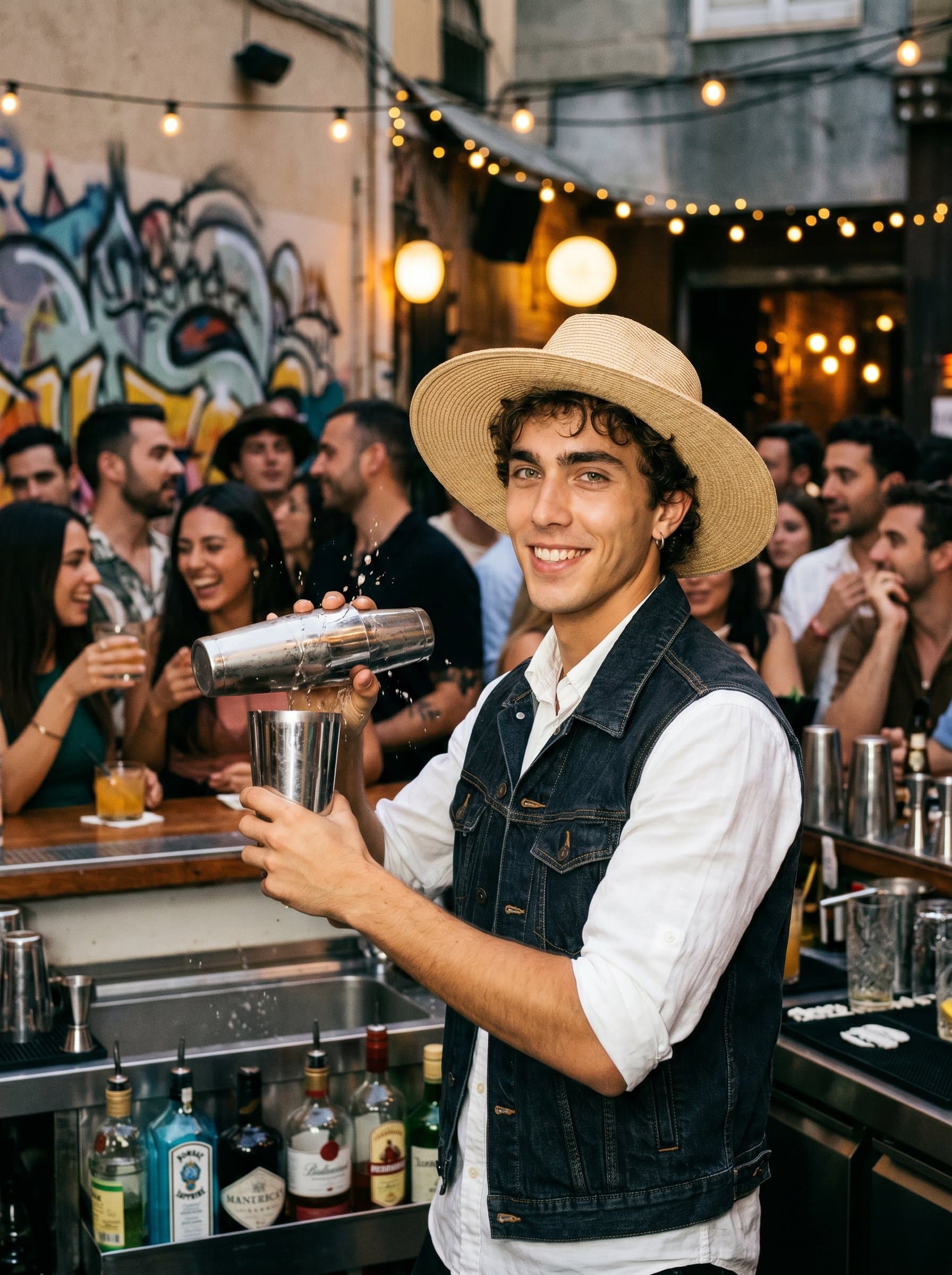 : Feature a bartender in a lively, urban environment, wearing a stylish vest and rolled-up sleeves, skillfully balancing a cocktail shaker, set against a backdrop of an eclectic mix of patrons.