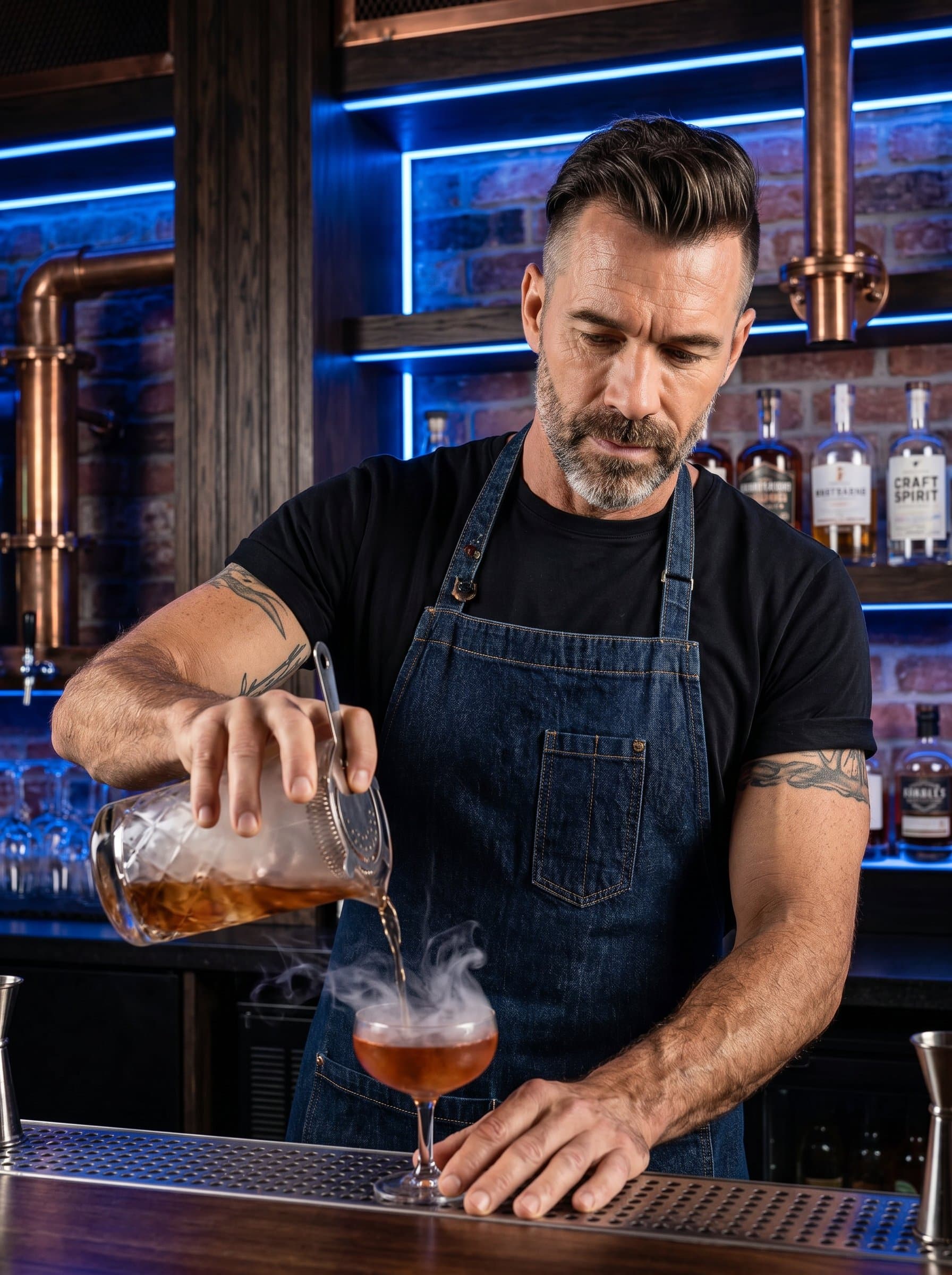 : Capture a modern bartender, sporting a trendy haircut and wearing a denim apron, as they craft a cocktail. The bar is sleek with LED lighting and industrial decor, emphasizing their innovative approach.