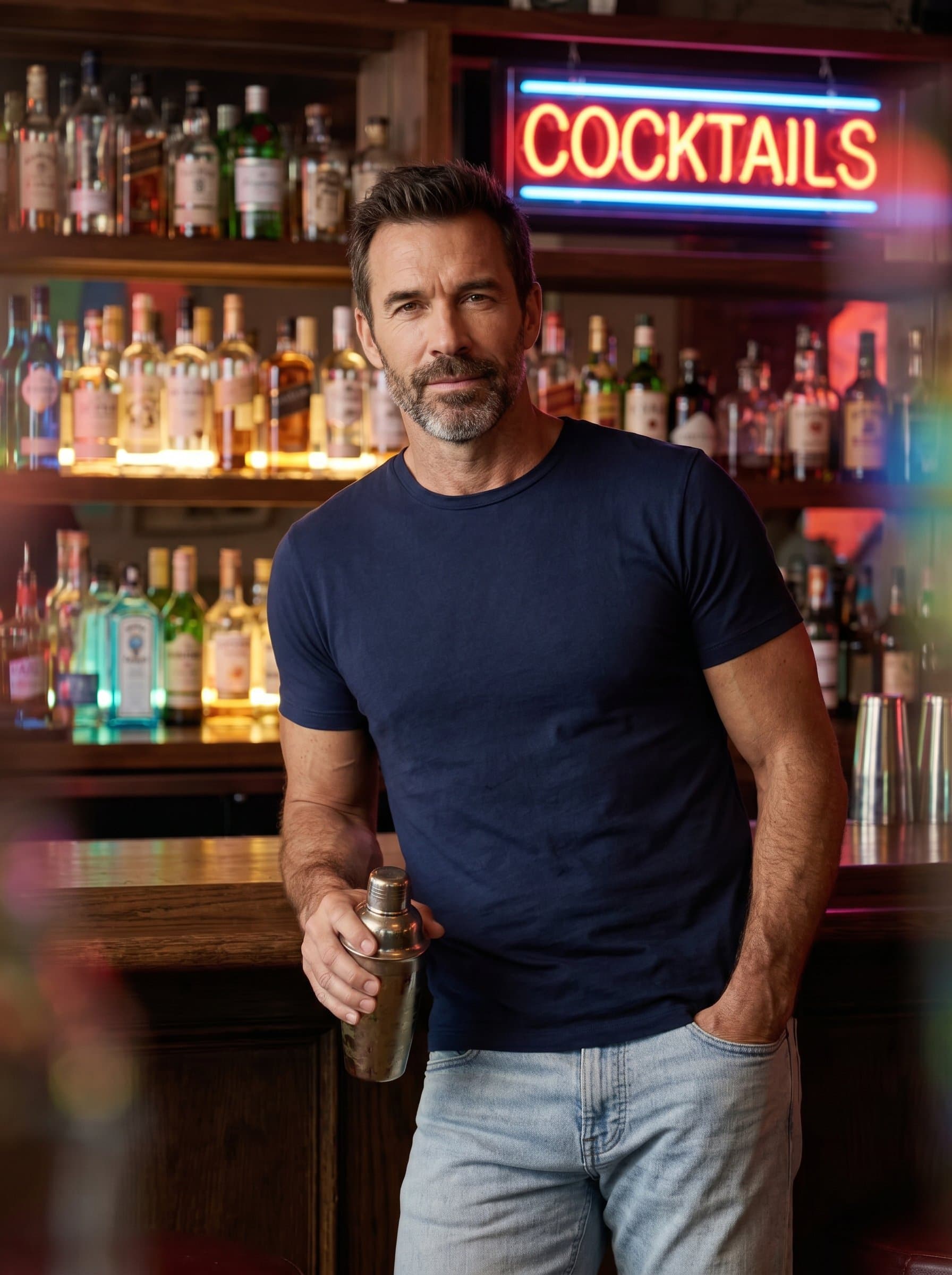 : Portrait of a bartender with a relaxed style, wearing a simple t-shirt and jeans, leaning casually against the bar, with a neon sign casting colorful light over an array of bottles.