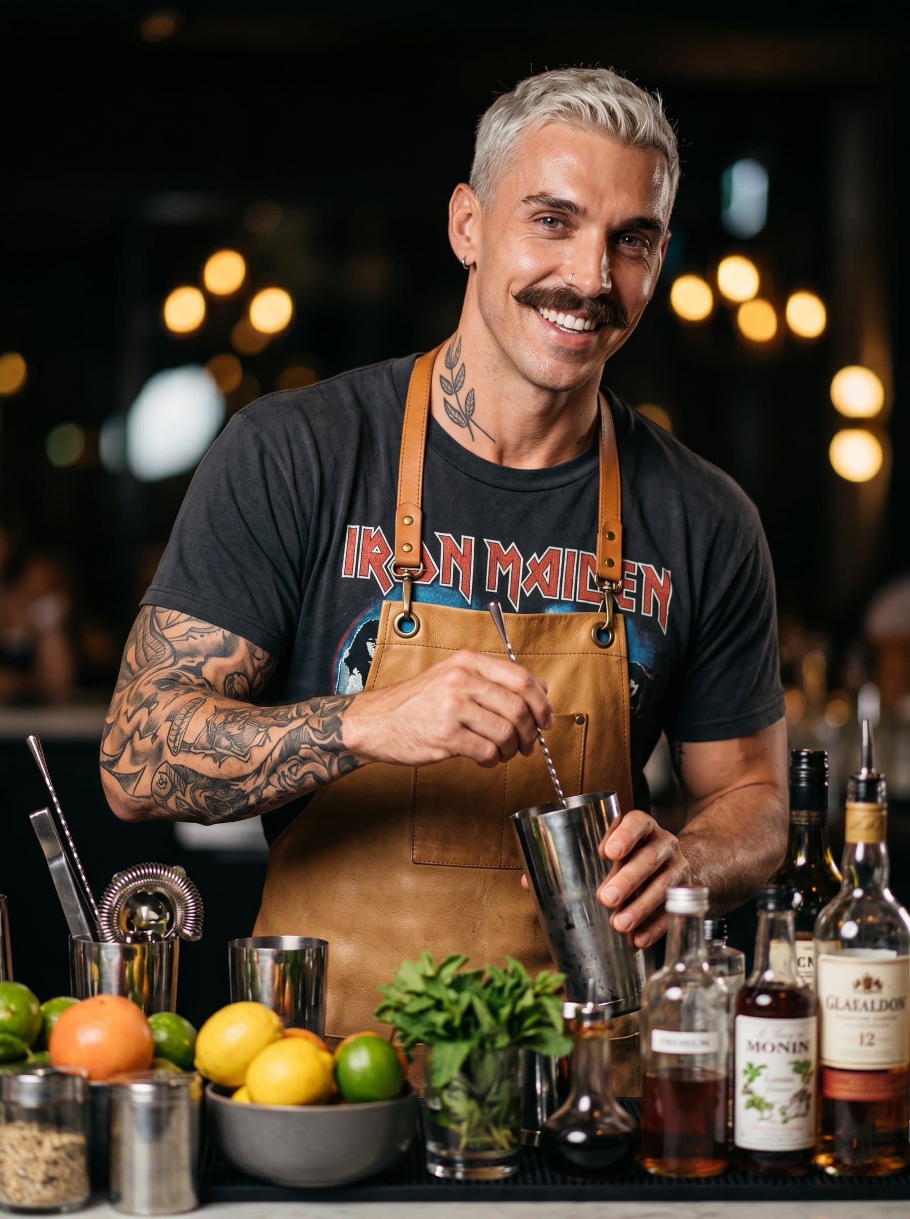 : Present a charismatic bartender with a tattoo sleeve, wearing a graphic tee and a stylish apron, surrounded by an array of bar tools and ingredients for crafting unique cocktails.