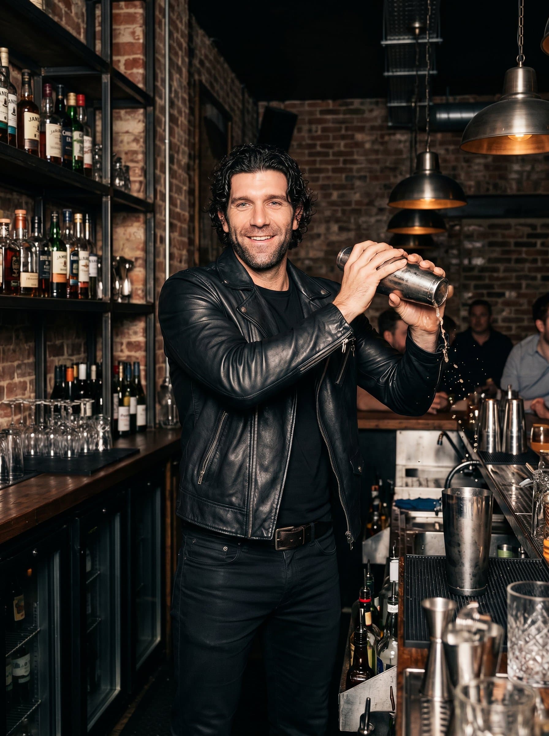 : A confident bartender with an edgy look, in a leather jacket and sleek black jeans, mixing drinks under moody lighting, with an industrial-style bar featuring exposed brick and metal accents.