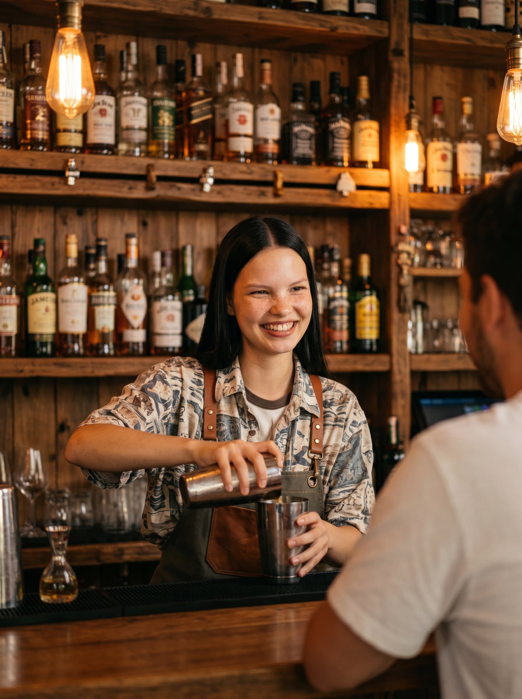 : Showcase a casual bartender with a warm smile, wearing a patterned shirt and leather suspenders, mixing drinks in a cozy, rustic bar setting, with wooden shelves displaying an array of spirits.