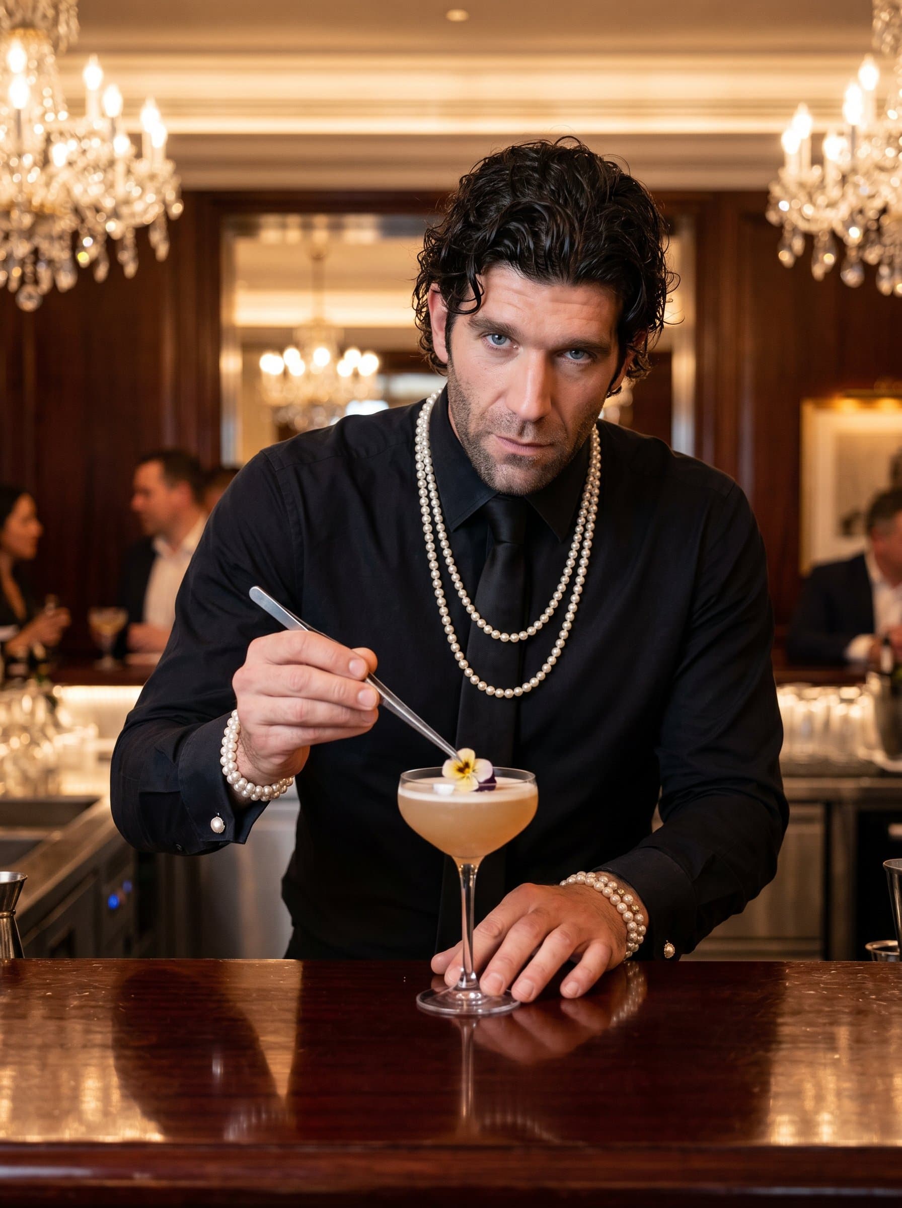 : Portrait of a bartender known for elegance, in a formal black dress and pearl accessories, delicately garnishing a cocktail, in a sophisticated bar setting with chandeliers and polished wood.