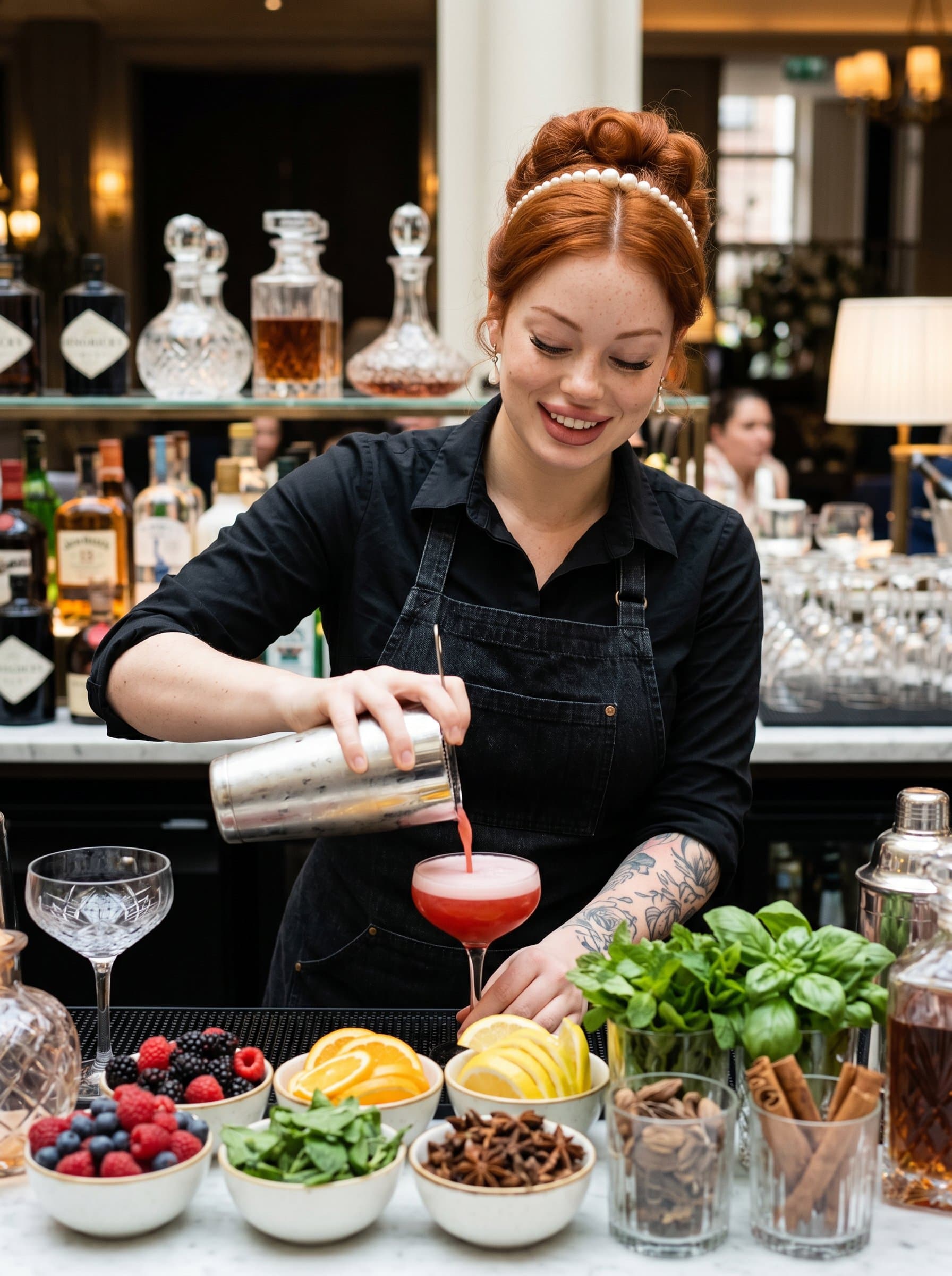 : A bartender with a flair for mixology, wearing a crisp black shirt and apron, surrounded by a dazzling array of fresh fruits and herbs, emphasizing their mastery in creating signature drinks.