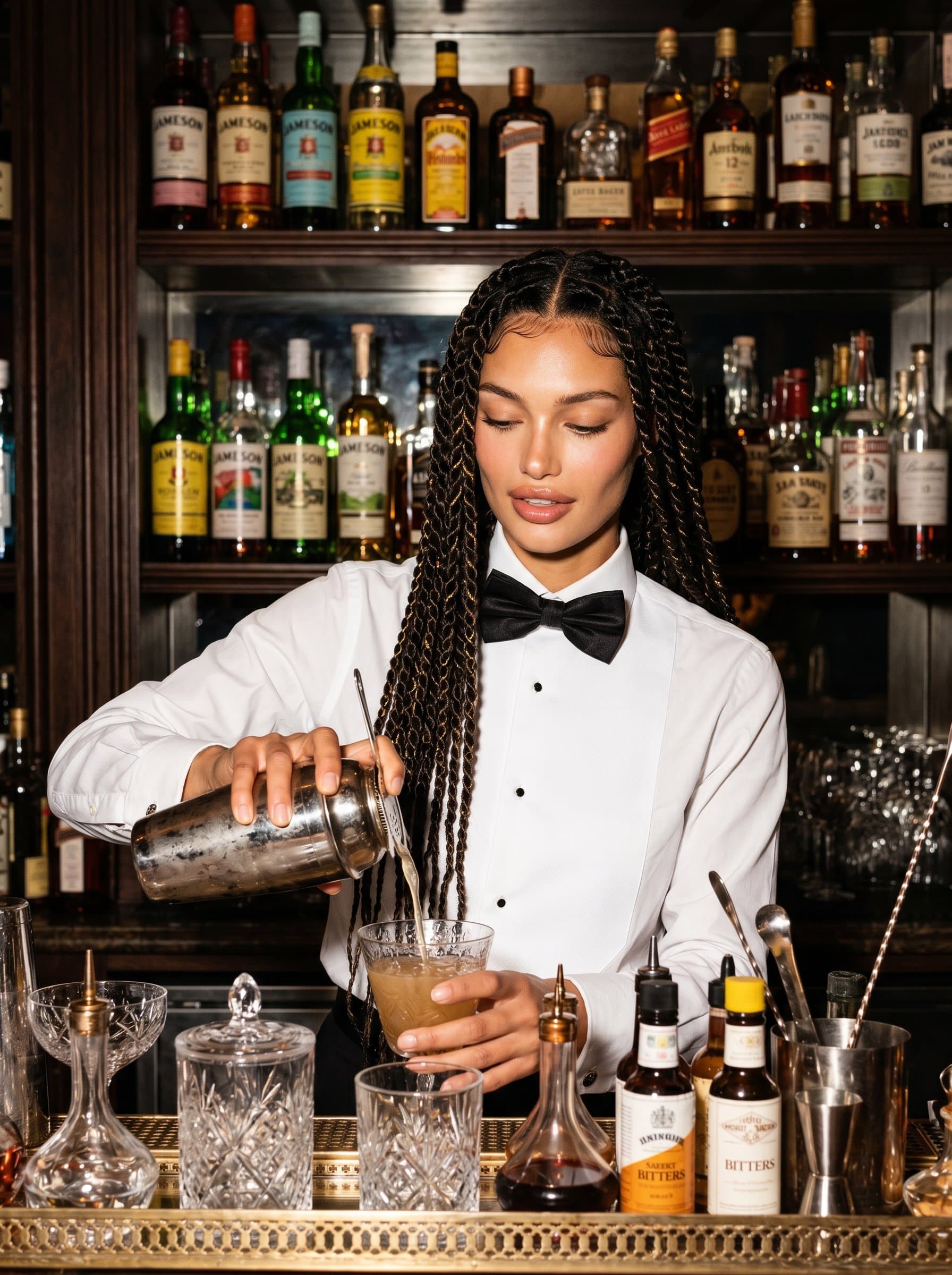 : A bartender with a classic style, wearing a white shirt and bow tie, surrounded by vintage cocktail shakers and ornate glasses, with shelves of colorful liquor bottles in the background, emanating a timeless charm.