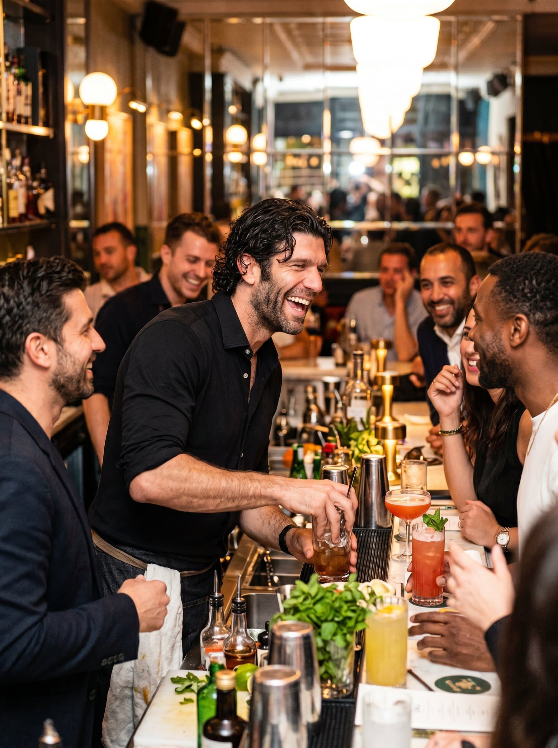 : A friendly bartender with a tousled hairstyle, dressed in casual chic attire, energetically interacting with patrons, in a vibrant bar setting with colorful cocktails prominently displayed.