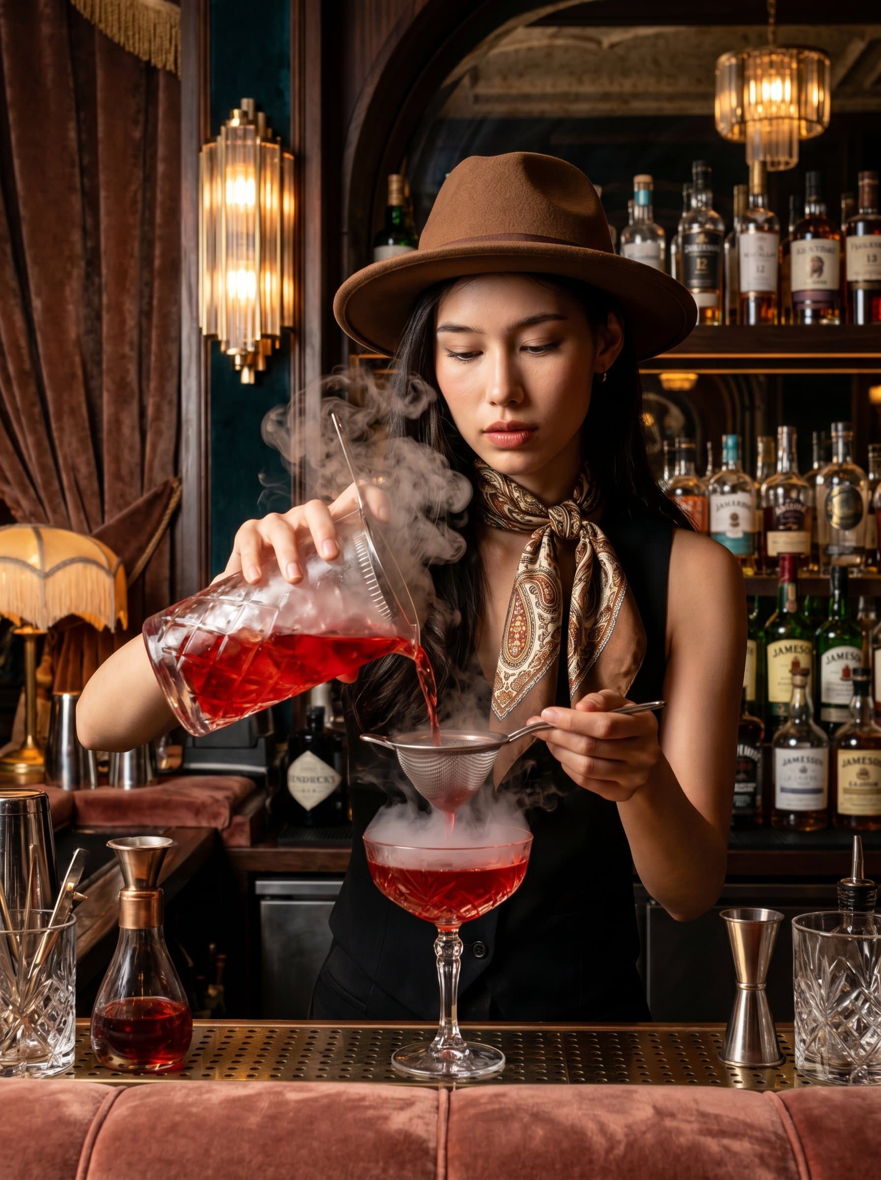 : A bartender with an artistic flair, donning a fedora and a patterned scarf, shown creating a cocktail masterpiece in an upscale bar with elaborately designed glassware and decor.
