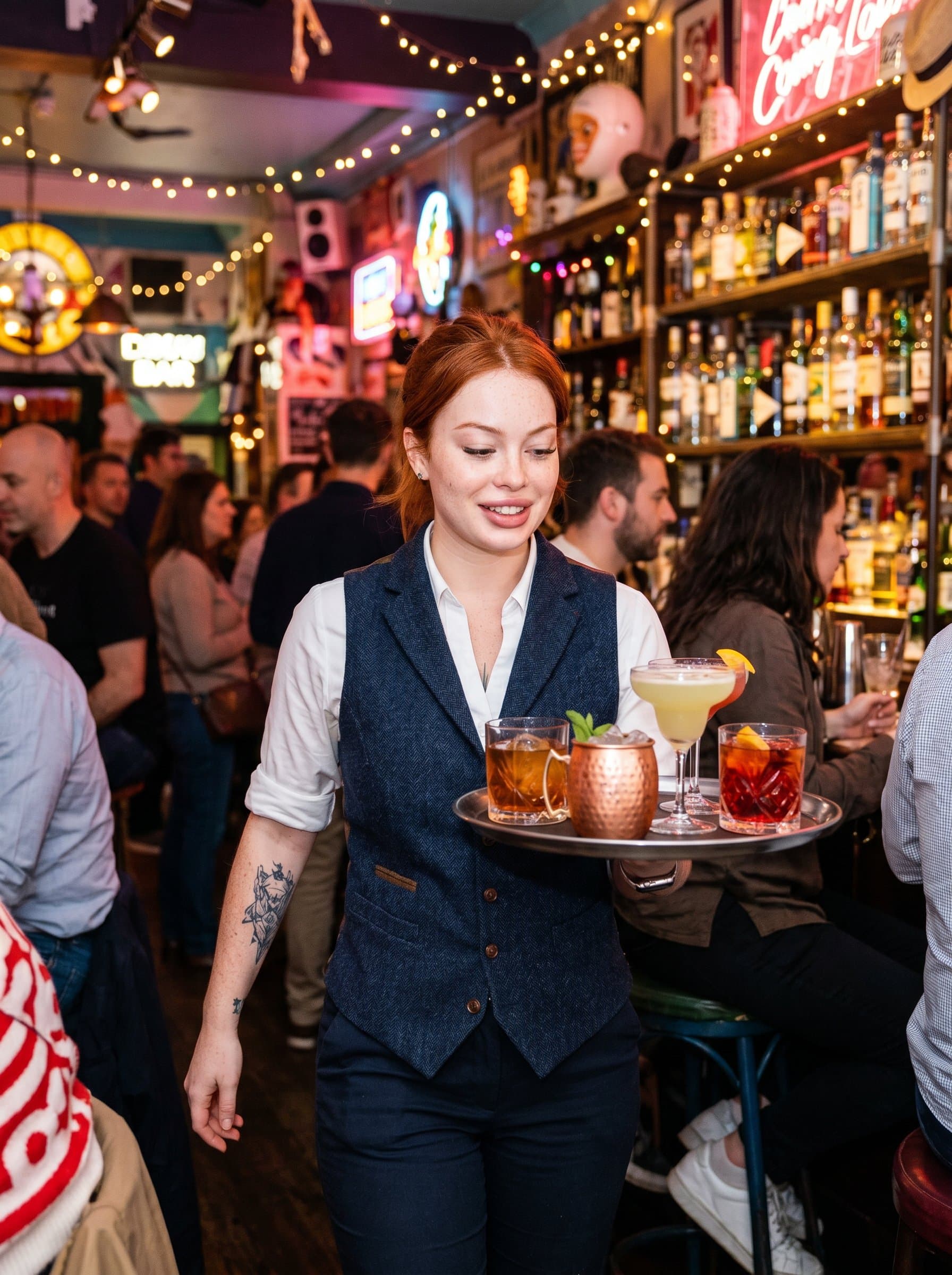 : Highlight a bartender with a classic yet contemporary style, in a waistcoat and rolled-up sleeves, expertly balancing a tray of drinks, showcasing a vibrant, eclectic bar background.