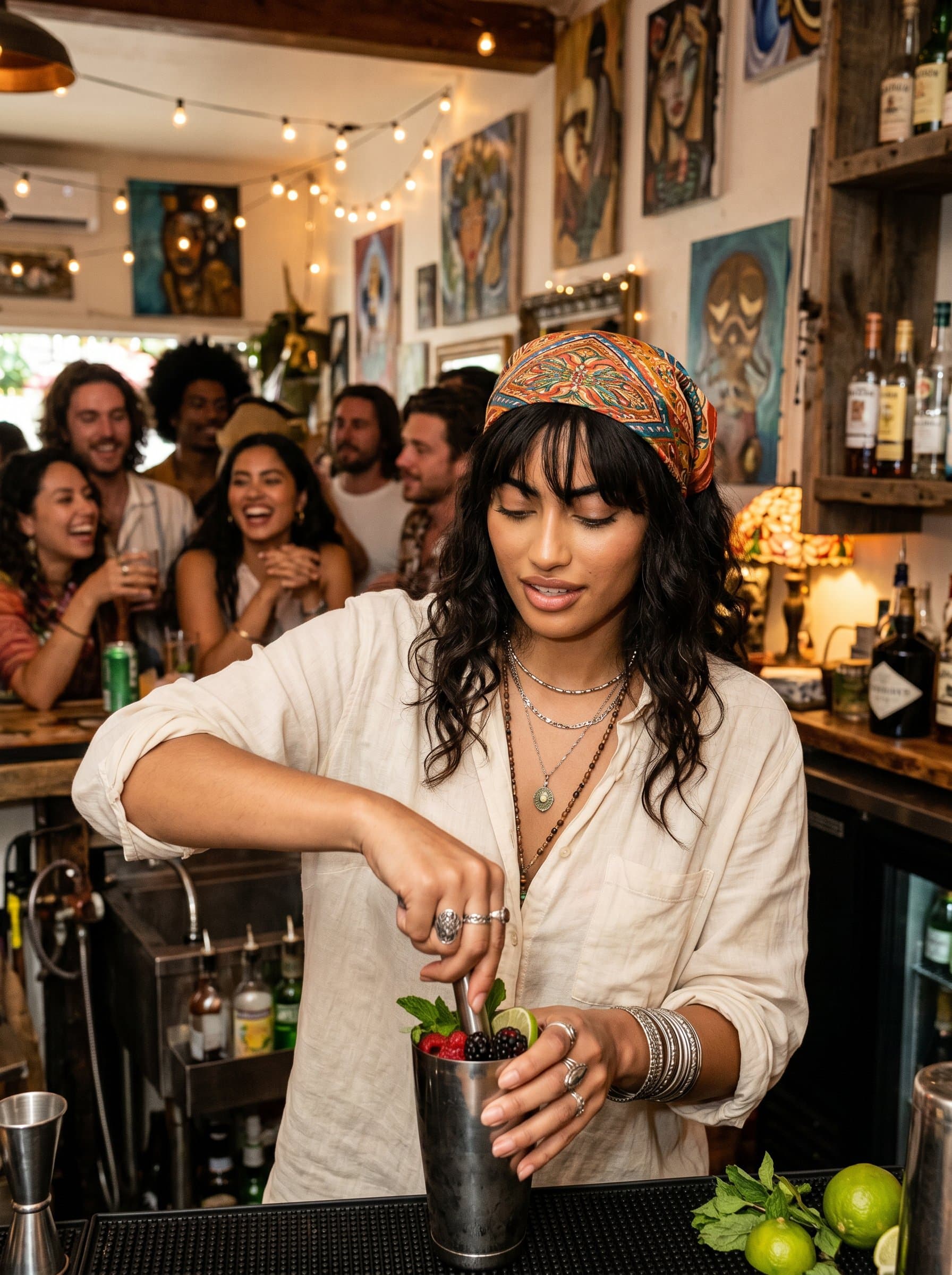 : A bartender with a bohemian style, wearing a colorful bandana and eclectic jewelry, creating a cocktail with fresh ingredients, surrounded by a lively crowd in a vibrant, artistic bar.