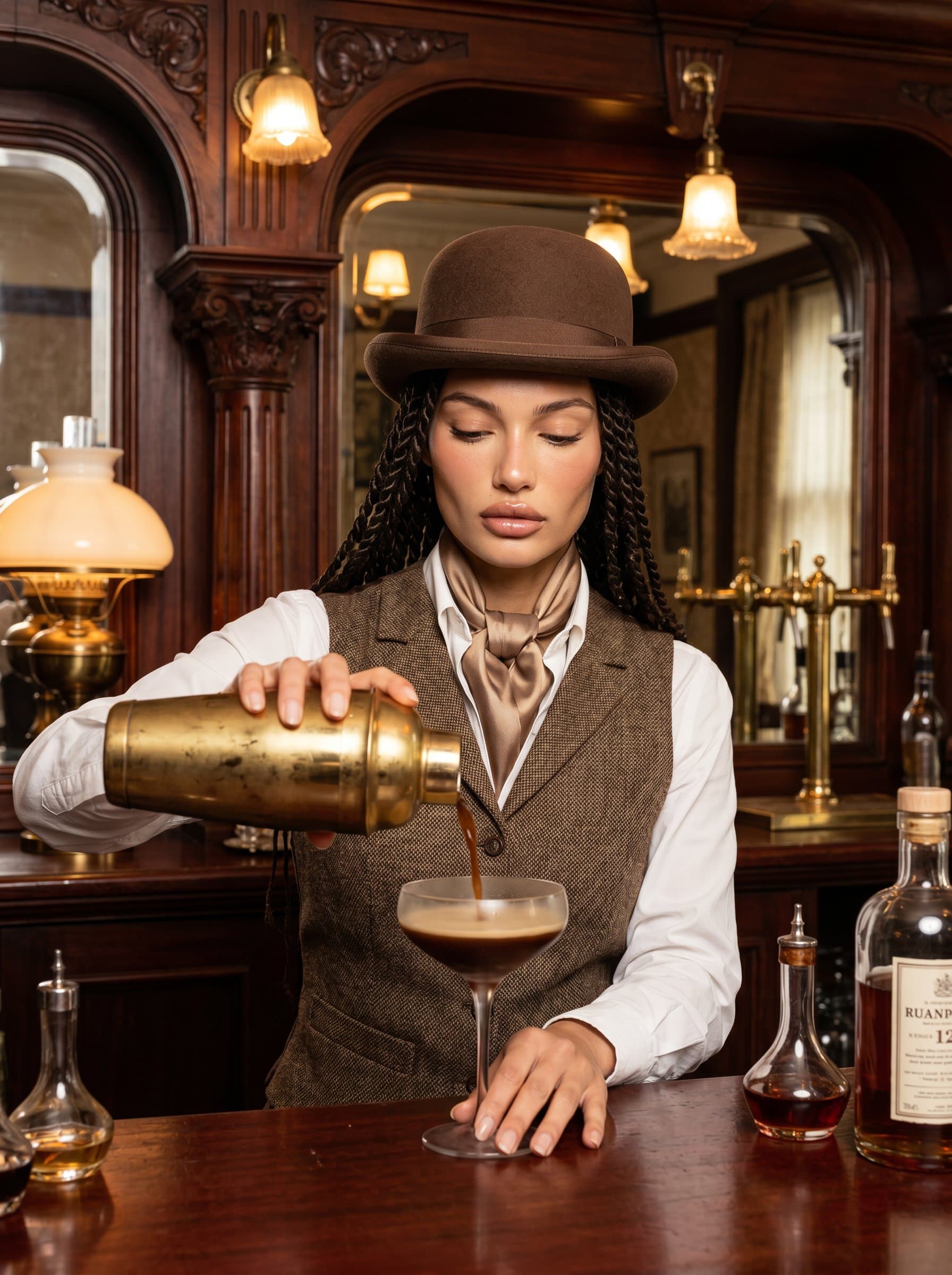 : Present a bartender with a vintage flair, in a tweed vest and bowler hat, meticulously crafting a drink in an old-world style bar with ornate woodwork and antique fixtures.