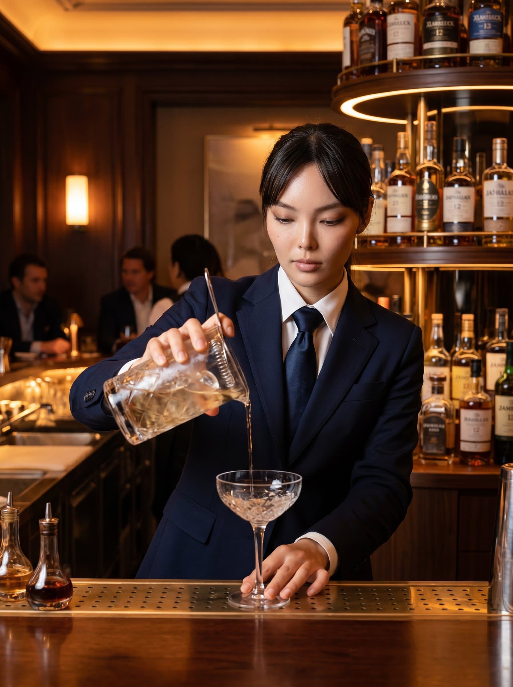 : Capture a bartender with a refined style, in a tailored suit and tie, carefully pouring a drink into a crystal glass, in an elegant bar with polished wood and soft lighting.