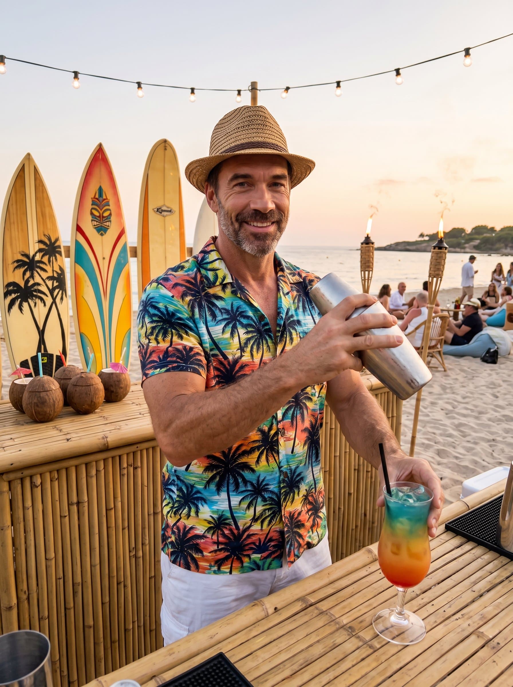 : Capture a laid-back bartender, wearing a tropical shirt and straw hat, mixing a refreshing cocktail, set in a beach-themed bar with surfboards and tiki torches adding to the relaxed atmosphere.