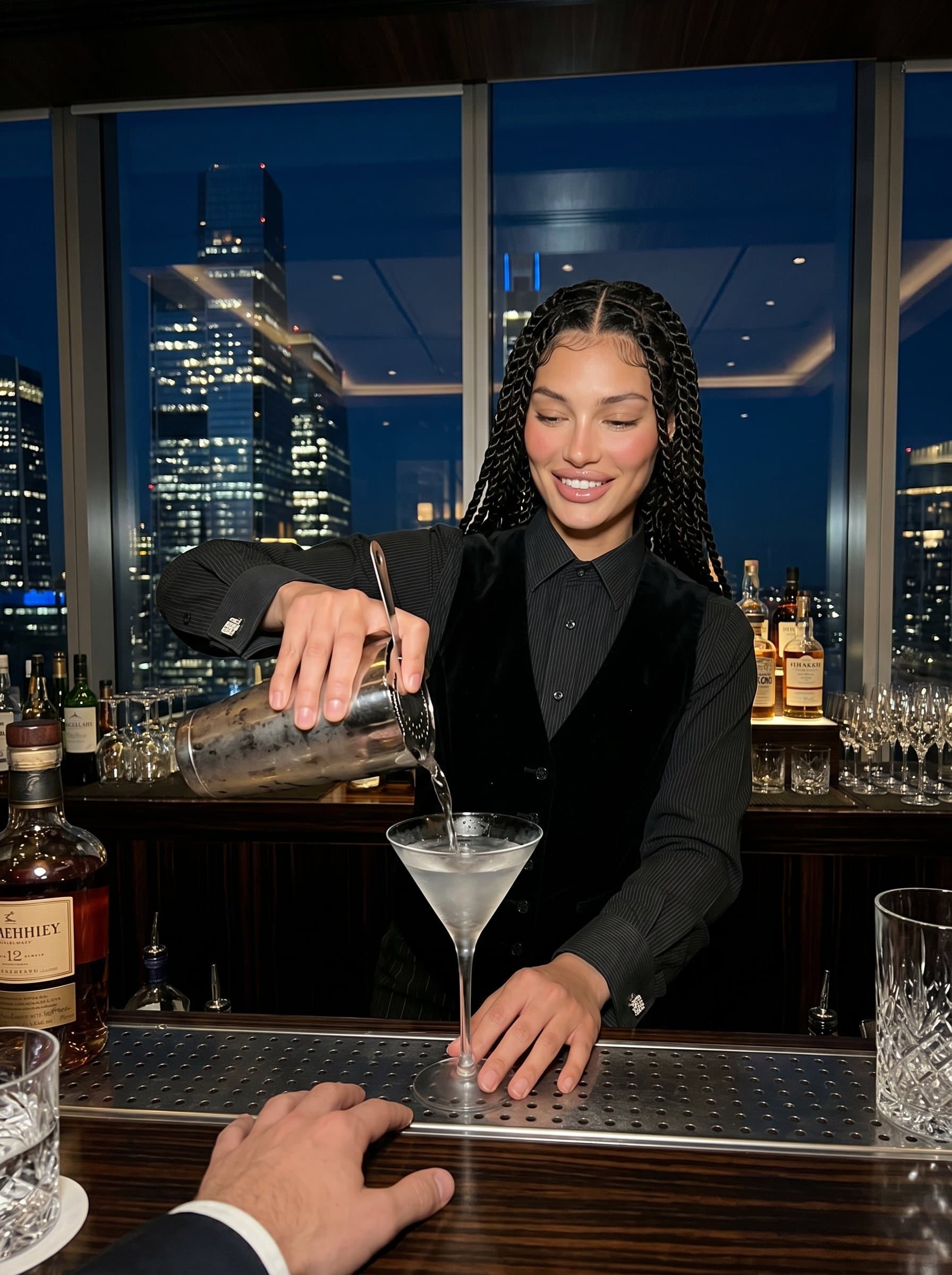 : Portrait of an elegant bartender, in a chic dress shirt and cufflinks, expertly pouring a drink in a high-end bar with a breathtaking view of the city skyline through large windows.