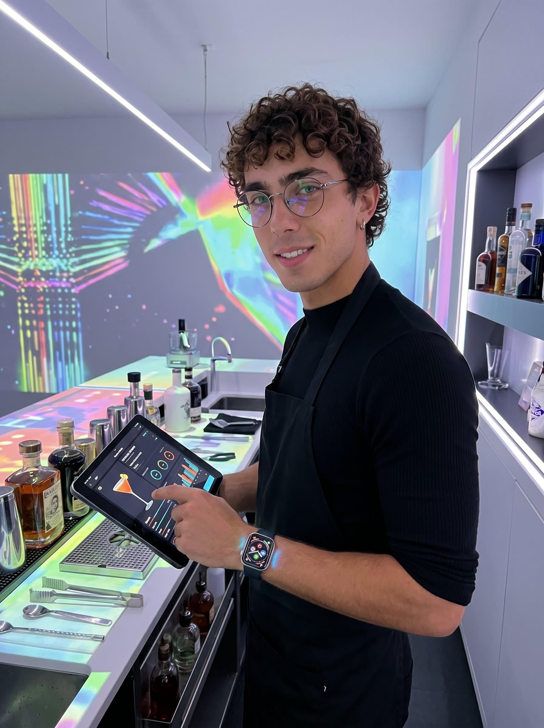 : A bartender with a tech-savvy edge, wearing a smartwatch and stylish glasses, using a tablet to create a personalized cocktail experience, in a futuristic bar with interactive lighting.