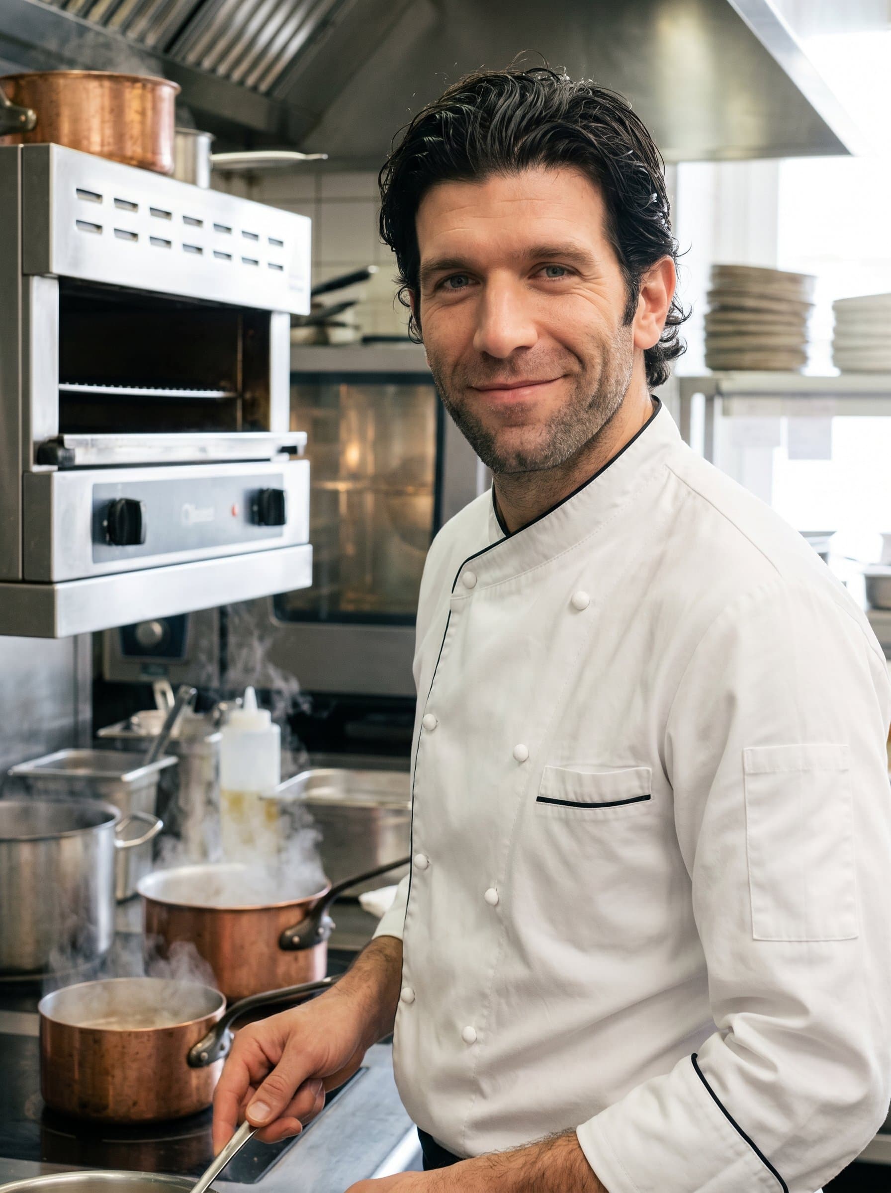 Generate an AI headshot of a chef donning professional attire, with charm, surrounded by a backdrop of gleaming stainless-steel ovens and simmering pots.