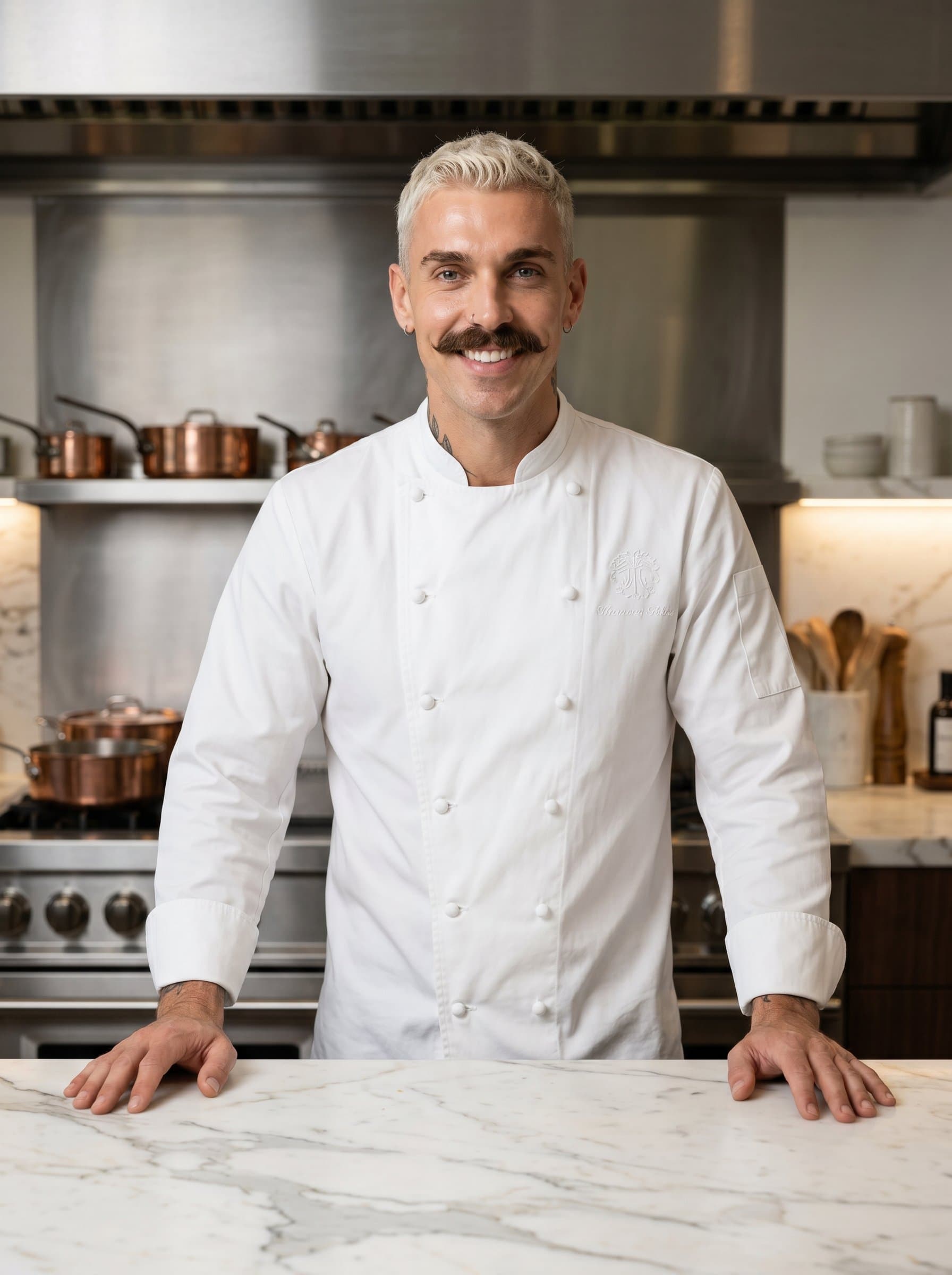 Design an AI headshot of a chef adorned in professional attire, with a demeanor, posed within a chic, modern kitchen with an elegant marble countertop.