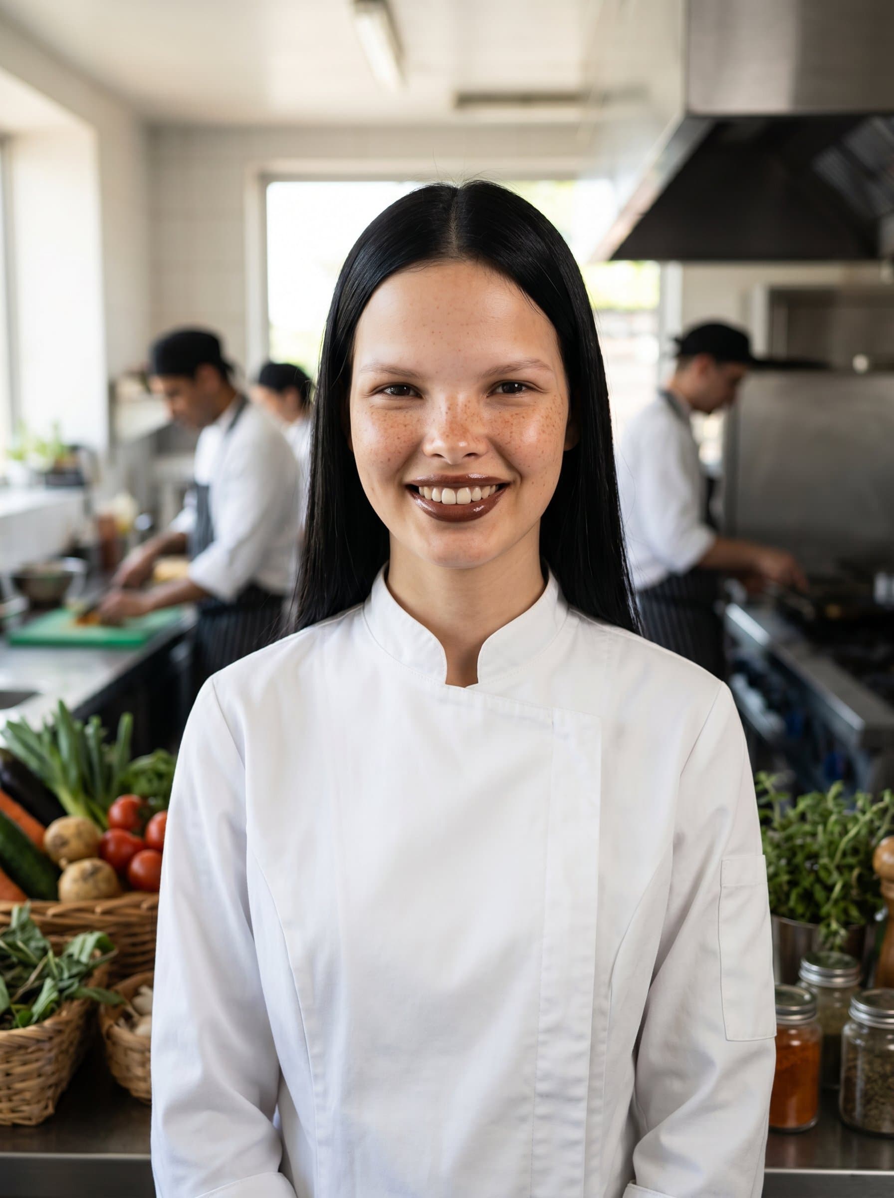 Capture a headshot of a chef wearing a crisp, white uniform with a expression of pride, standing before a splendid array of fresh ingredients in a bustling kitchen environment.