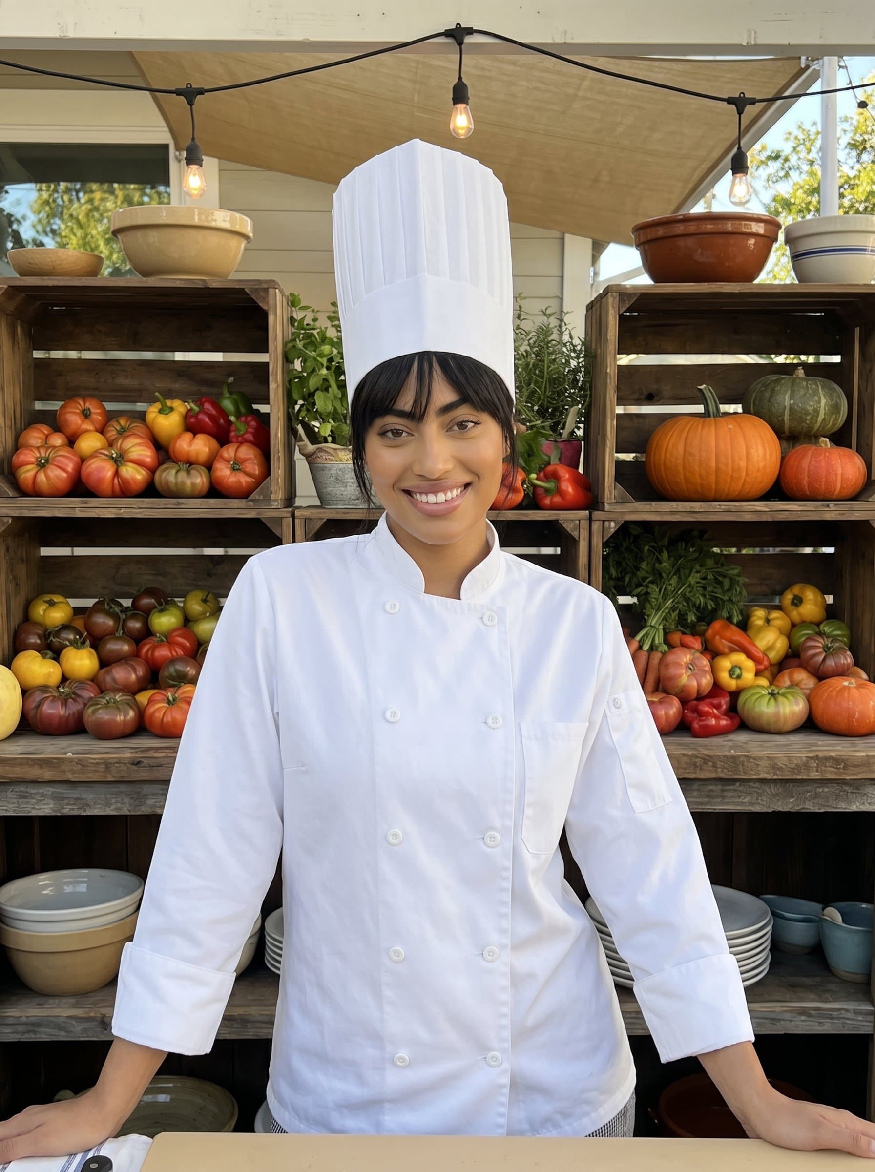 Create an image of a chef in a classic toque, with a smile, posing against a background of vibrant seasonal produce and rustic wooden shelves.