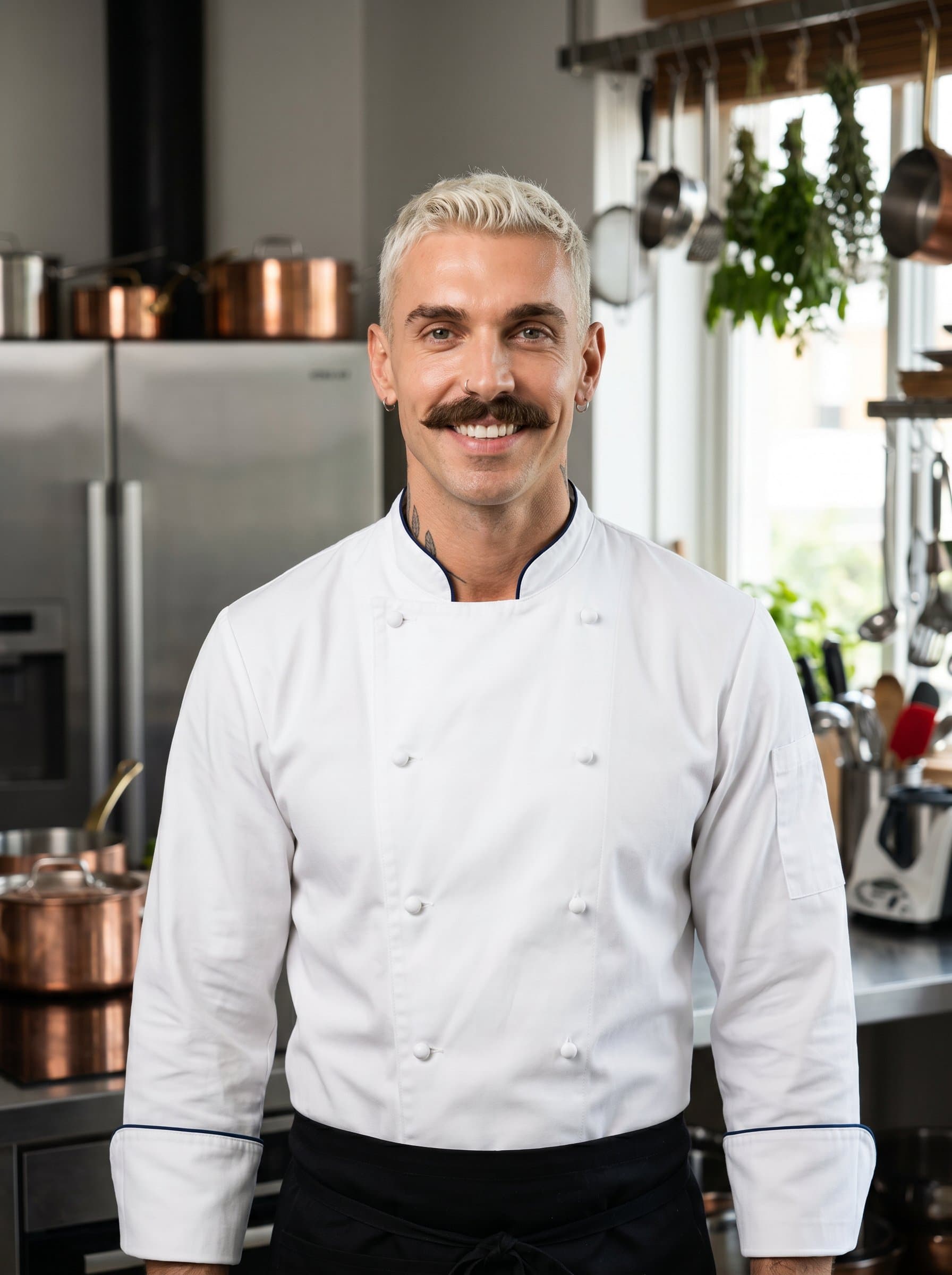 Design a headshot featuring a chef in neatly pressed attire, exuding confidence, set in a modern kitchen filled with culinary tools and gadgets.