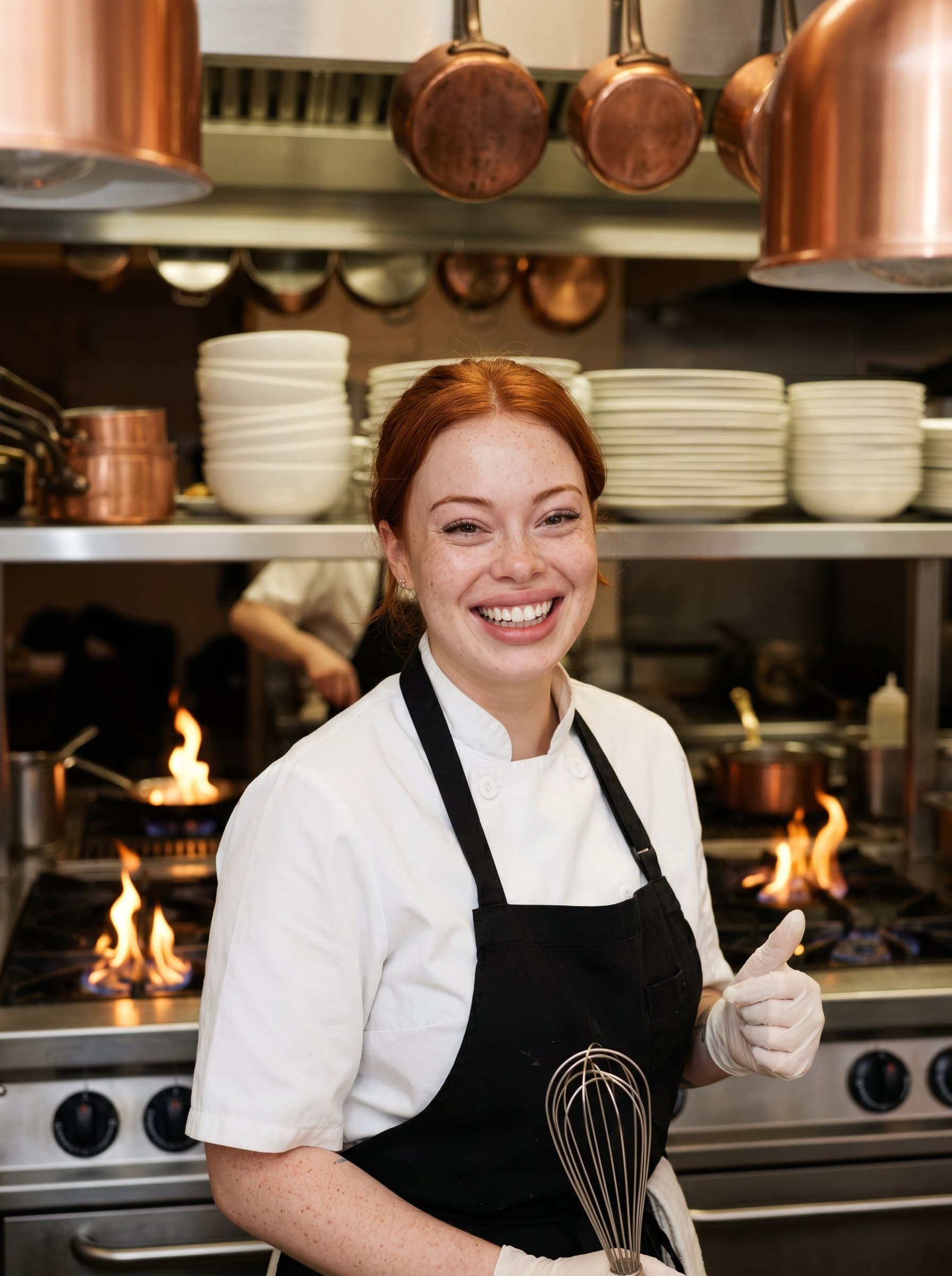 Produce an AI headshot of a chef, exuding enthusiasm, standing amidst a warm, inviting kitchen setting with flickering stovetops and elegant dishware.