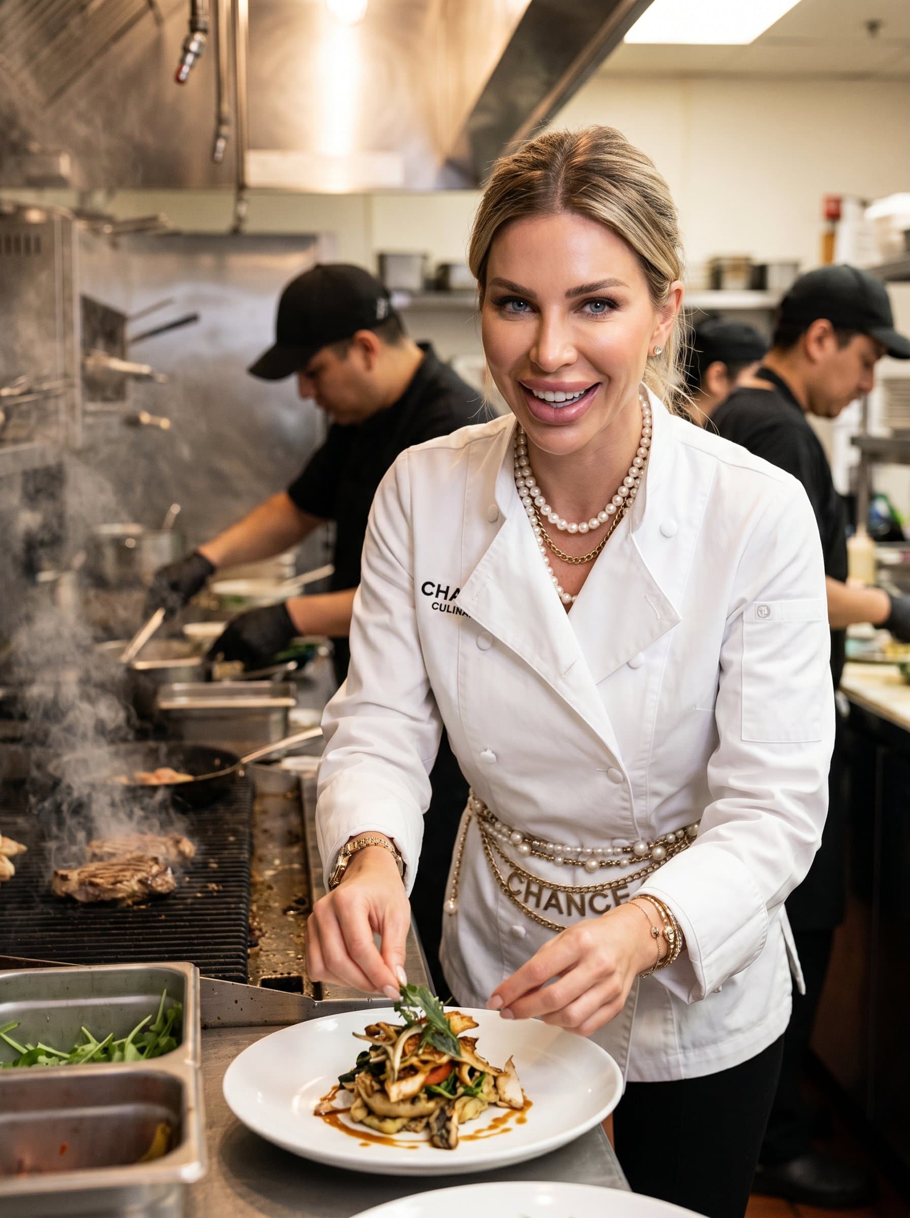 Capture the essence of a chef wearing a professional coat, showing a passion for cooking, set against a backdrop of sizzling grills and bustling kitchen activity.